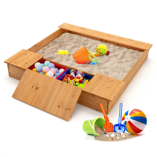 Kids Wooden Sandbox with Bench Seats and Storage Boxes, Natural