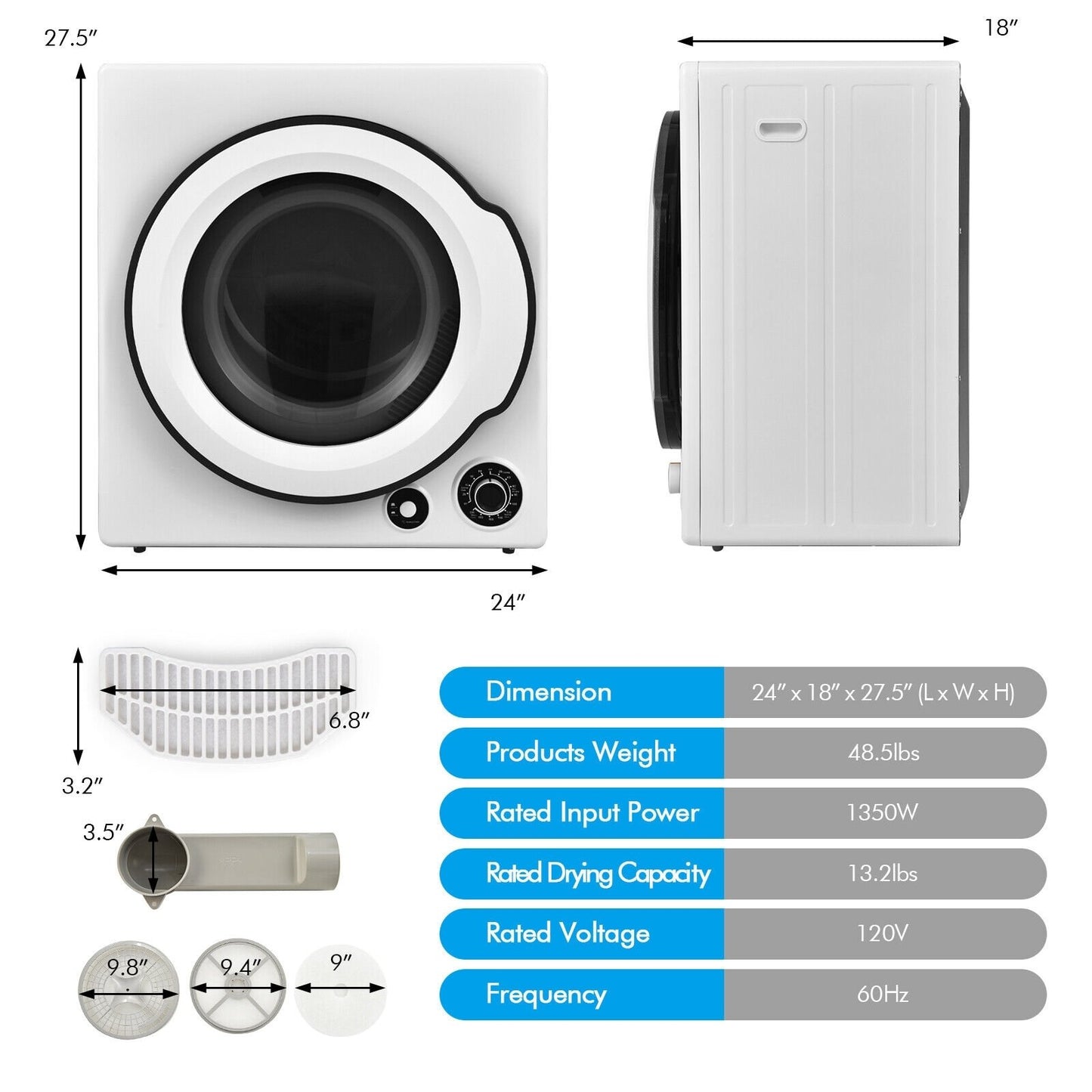 Compact Electric Tumble Laundry Dryer with Stainless Steel Tub, White at Gallery Canada