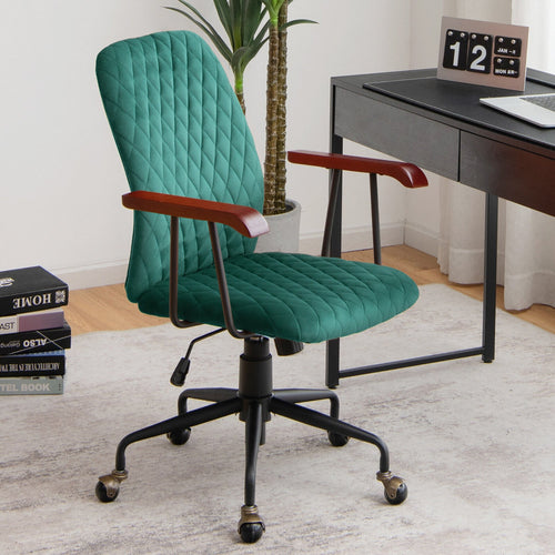 Velvet Home Office Chair with Wooden Armrest, Green