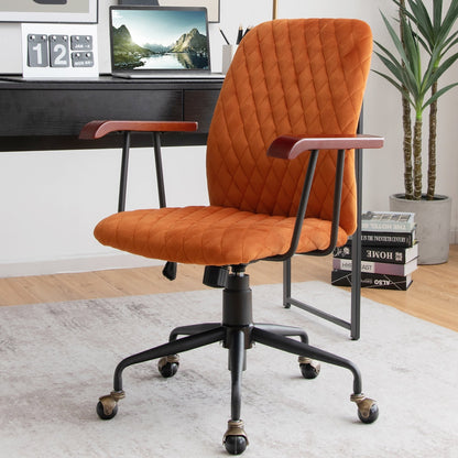 Velvet Home Office Chair with Wooden Armrest Orange, Orange - Gallery Canada