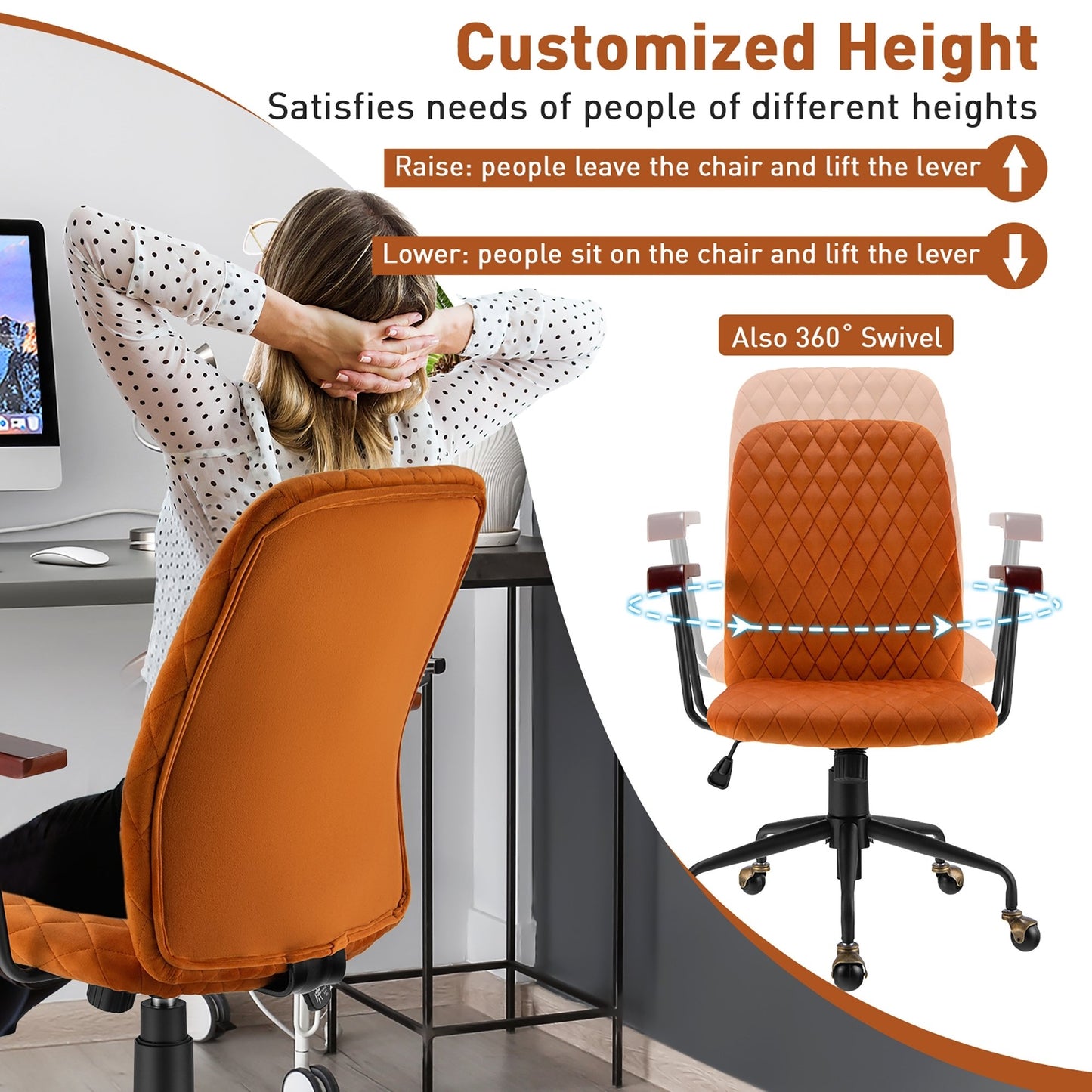 Velvet Home Office Chair with Wooden Armrest Orange, Orange - Gallery Canada