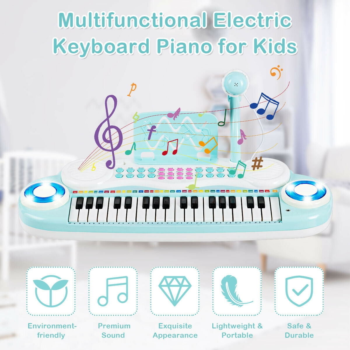 Multifunctional 37 Electric Keyboard Piano with Microphone, Blue Pianos & Keyboards at Gallery Canada