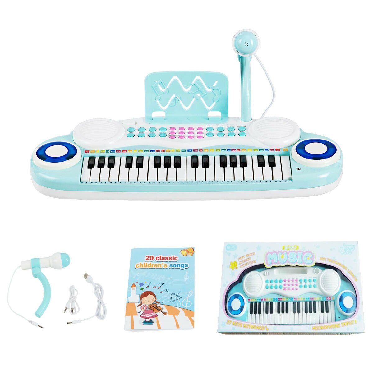 Multifunctional 37 Electric Keyboard Piano with Microphone, Blue - Gallery Canada