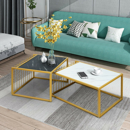 Set of 2 Modern Stackable 31.5 Inch Side Table with Waterproof Faux Marble Tabletop, Golden - Gallery Canada