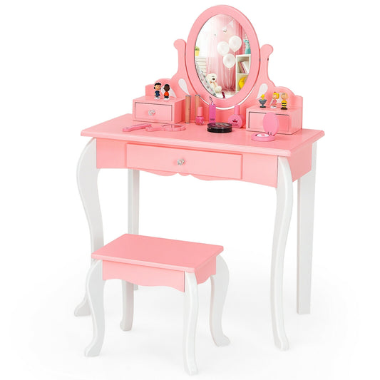 Kids Vanity Princess Makeup Dressing Table Set With Mirror, Drawer, Stool, Pink