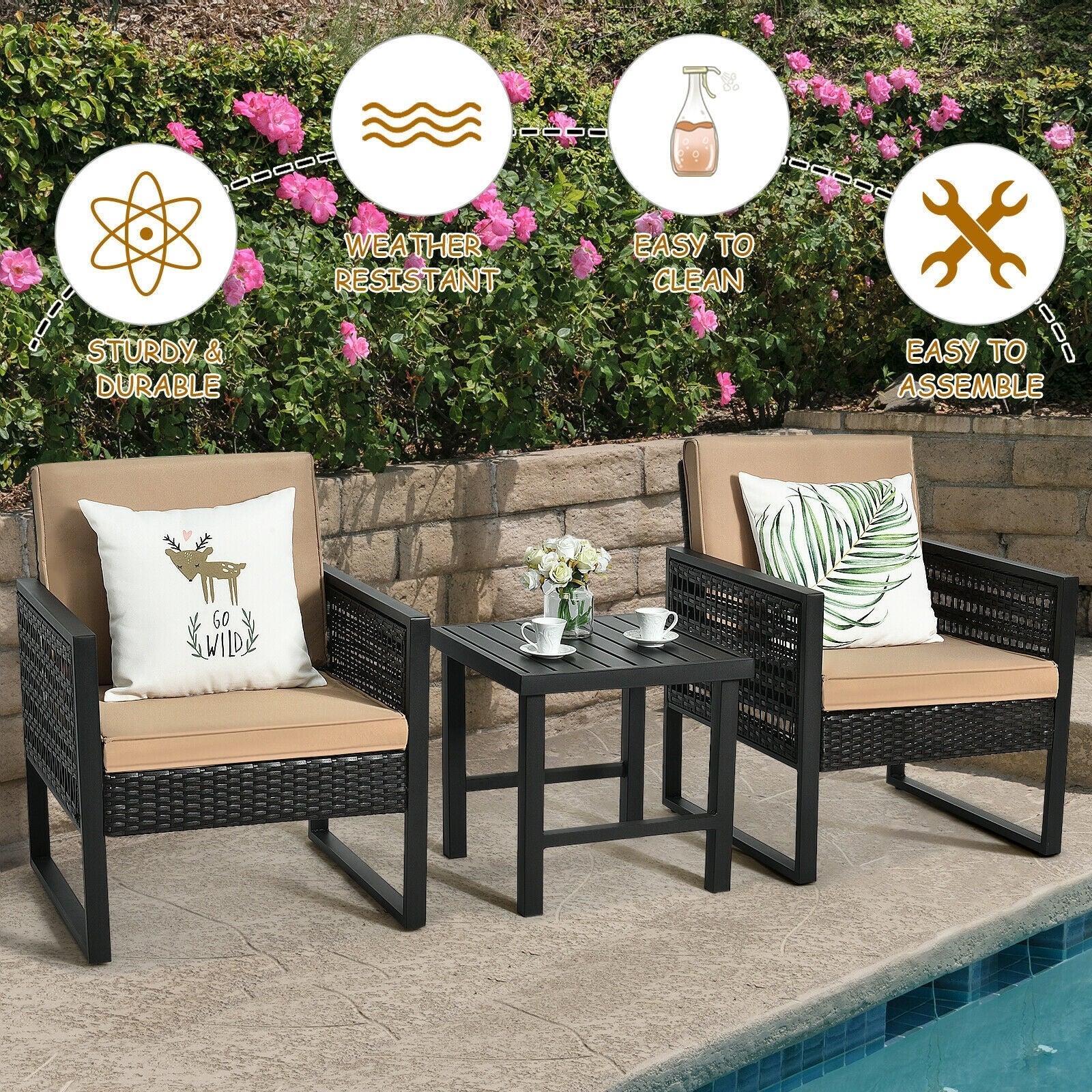3 Pieces Patio Rattan Bistro Cushioned Furniture Set, Brown Patio Conversation Sets at Gallery Canada