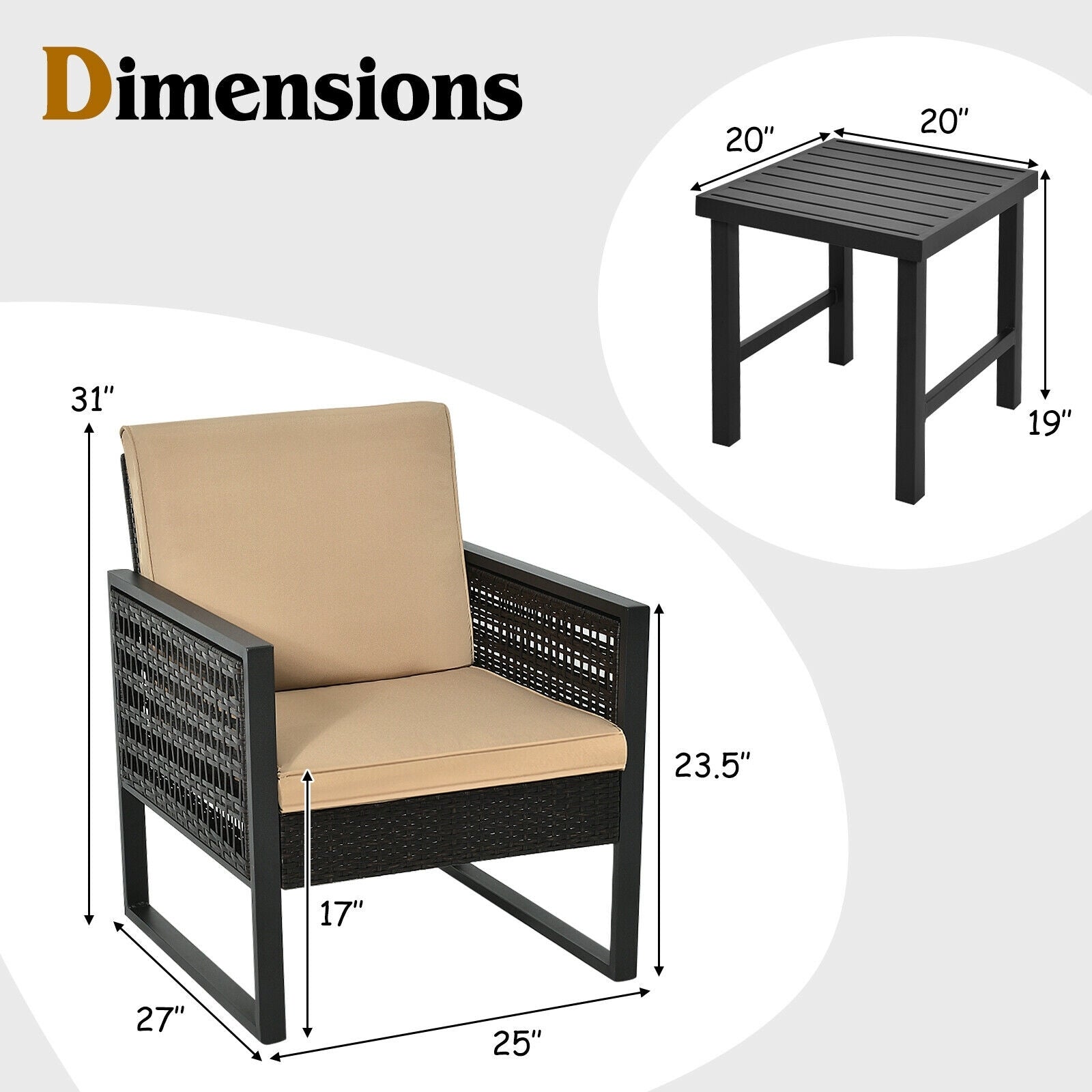 3 Pieces Patio Rattan Bistro Cushioned Furniture Set, Brown Patio Conversation Sets at Gallery Canada