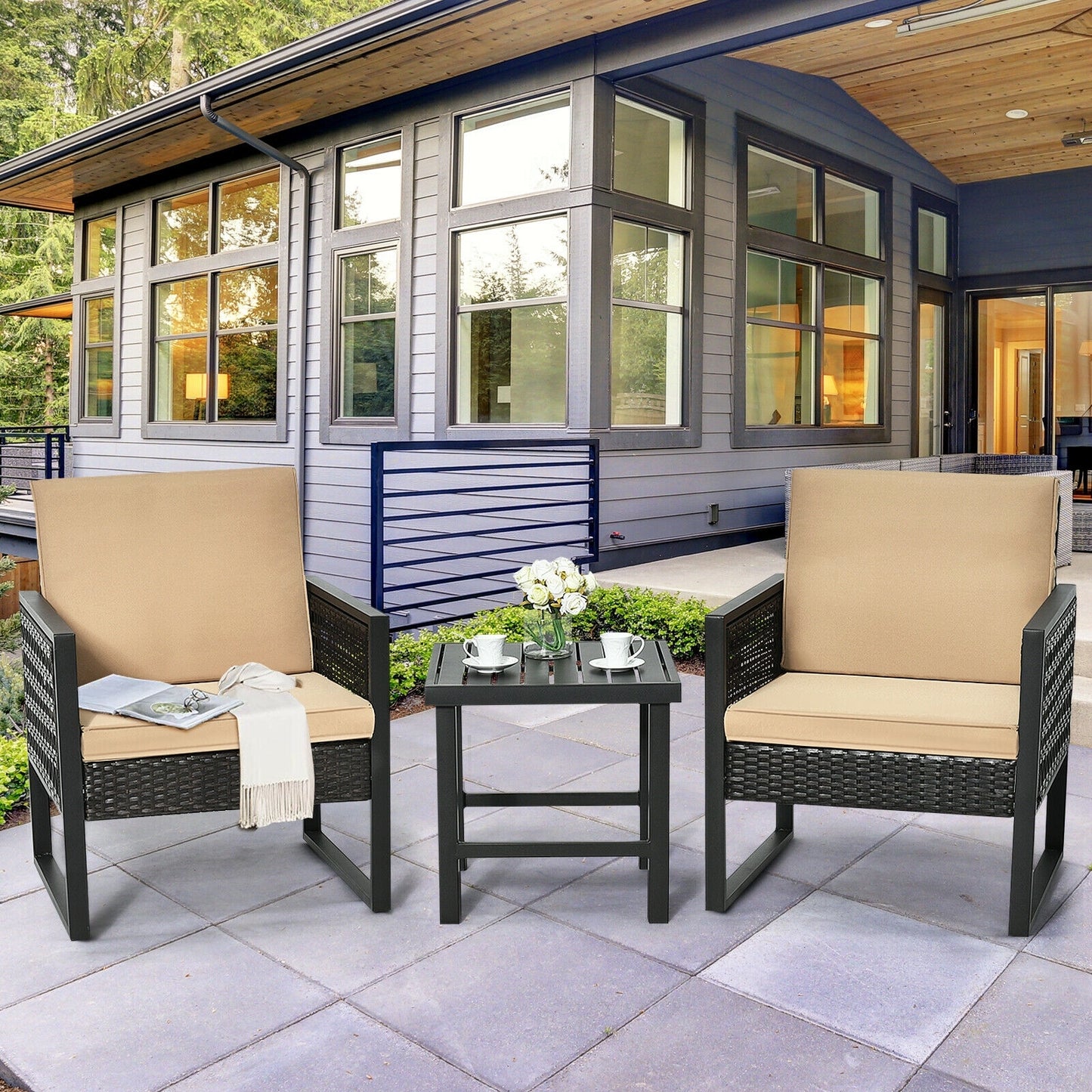 3 Pieces Patio Rattan Bistro Cushioned Furniture Set, Brown Patio Conversation Sets at Gallery Canada