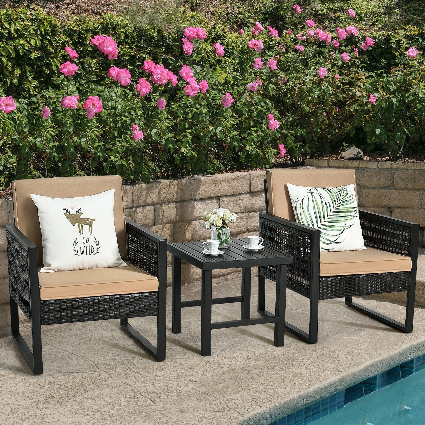 3 Pieces Patio Rattan Bistro Cushioned Furniture Set, Brown Patio Conversation Sets at Gallery Canada