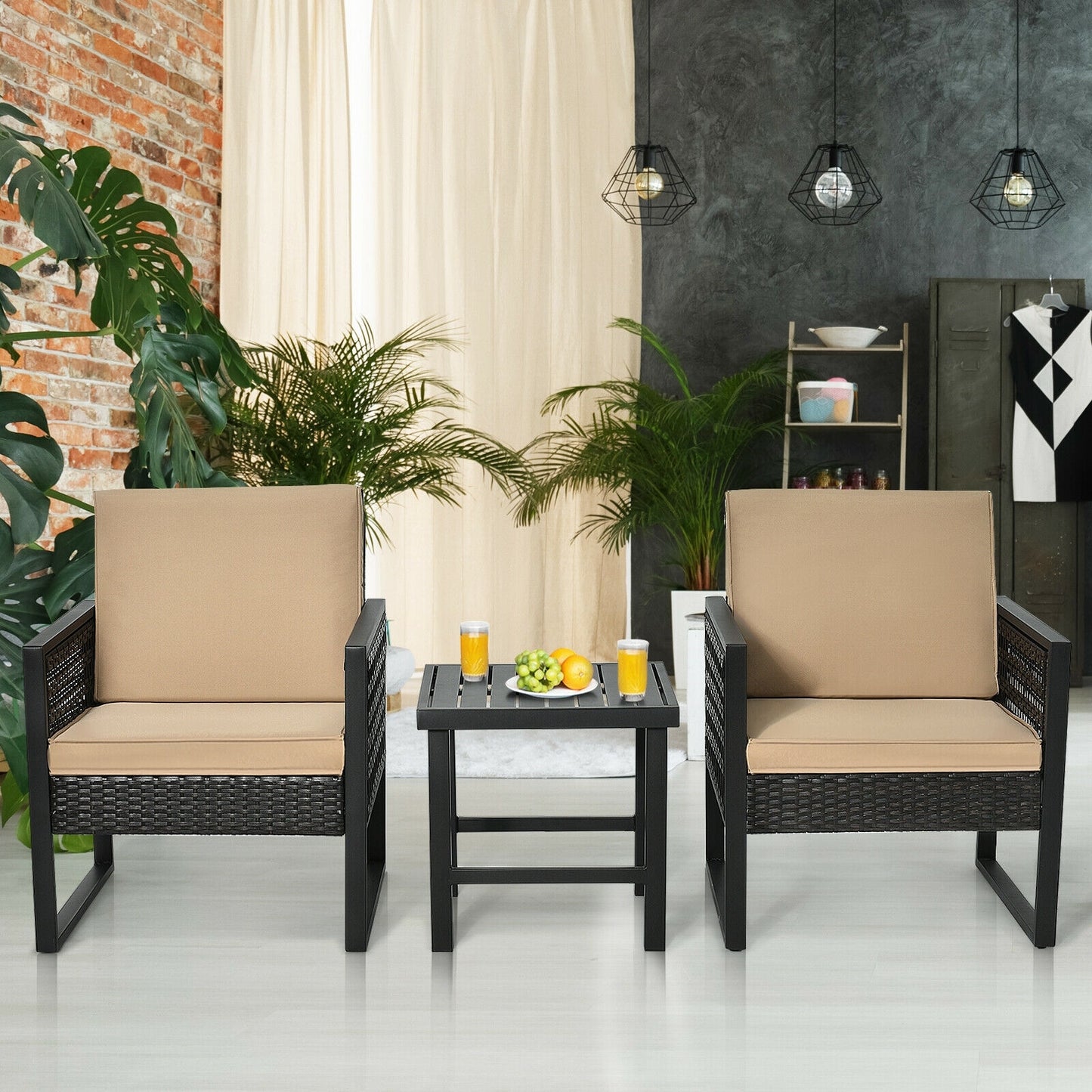 3 Pieces Patio Rattan Bistro Cushioned Furniture Set, Brown Patio Conversation Sets at Gallery Canada