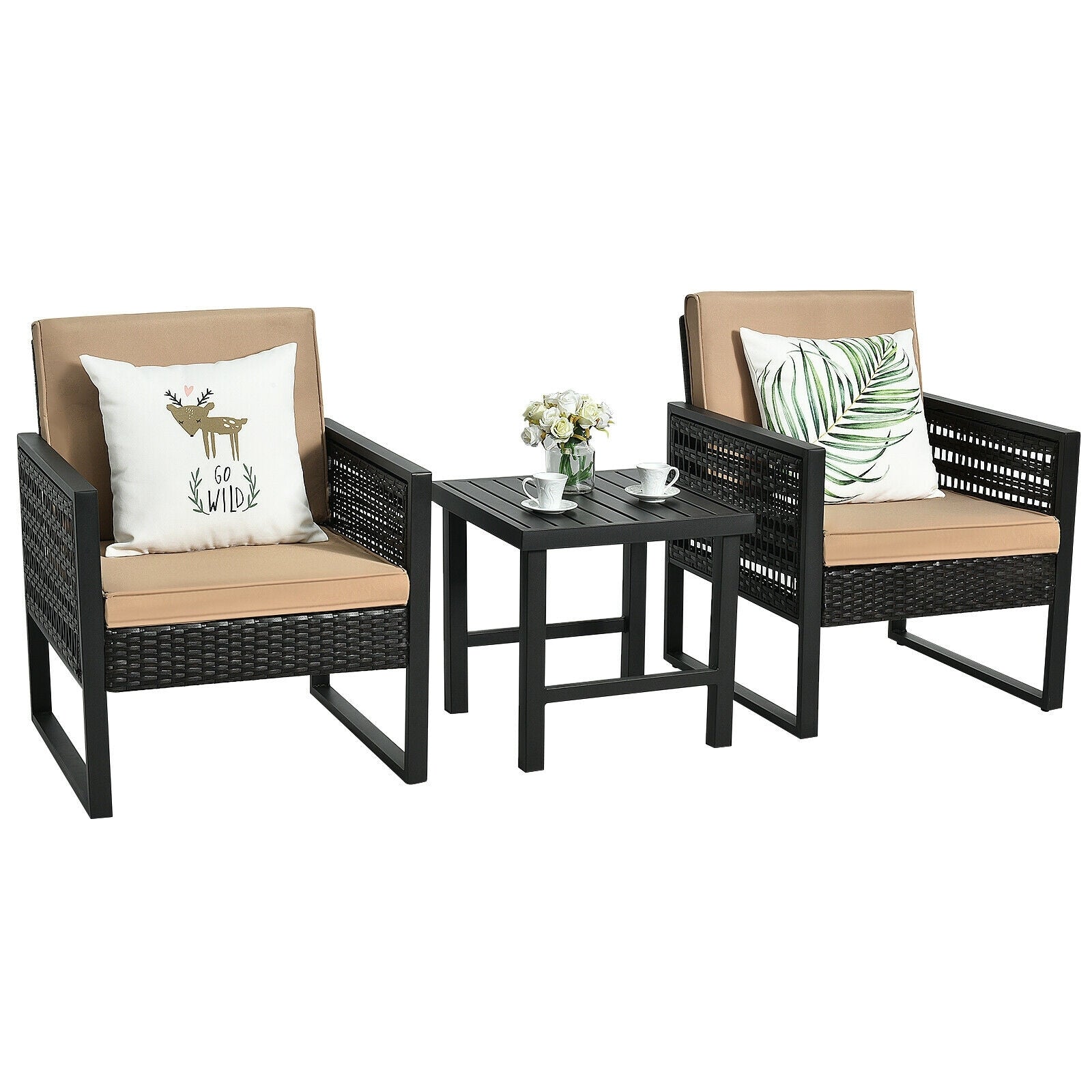 3 Pieces Patio Rattan Bistro Cushioned Furniture Set, Brown Patio Conversation Sets at Gallery Canada