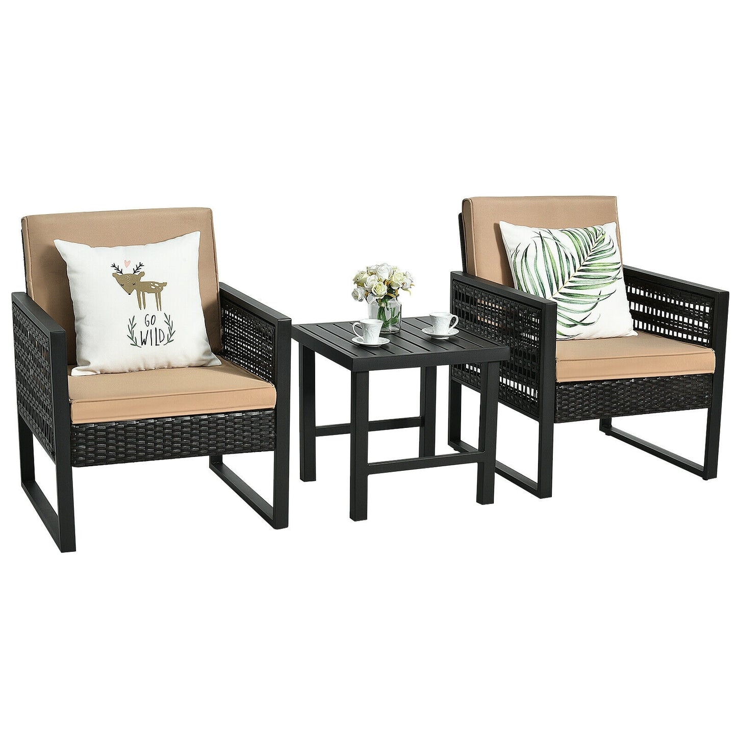 3 Pieces Patio Rattan Bistro Cushioned Furniture Set, Brown Patio Conversation Sets at Gallery Canada