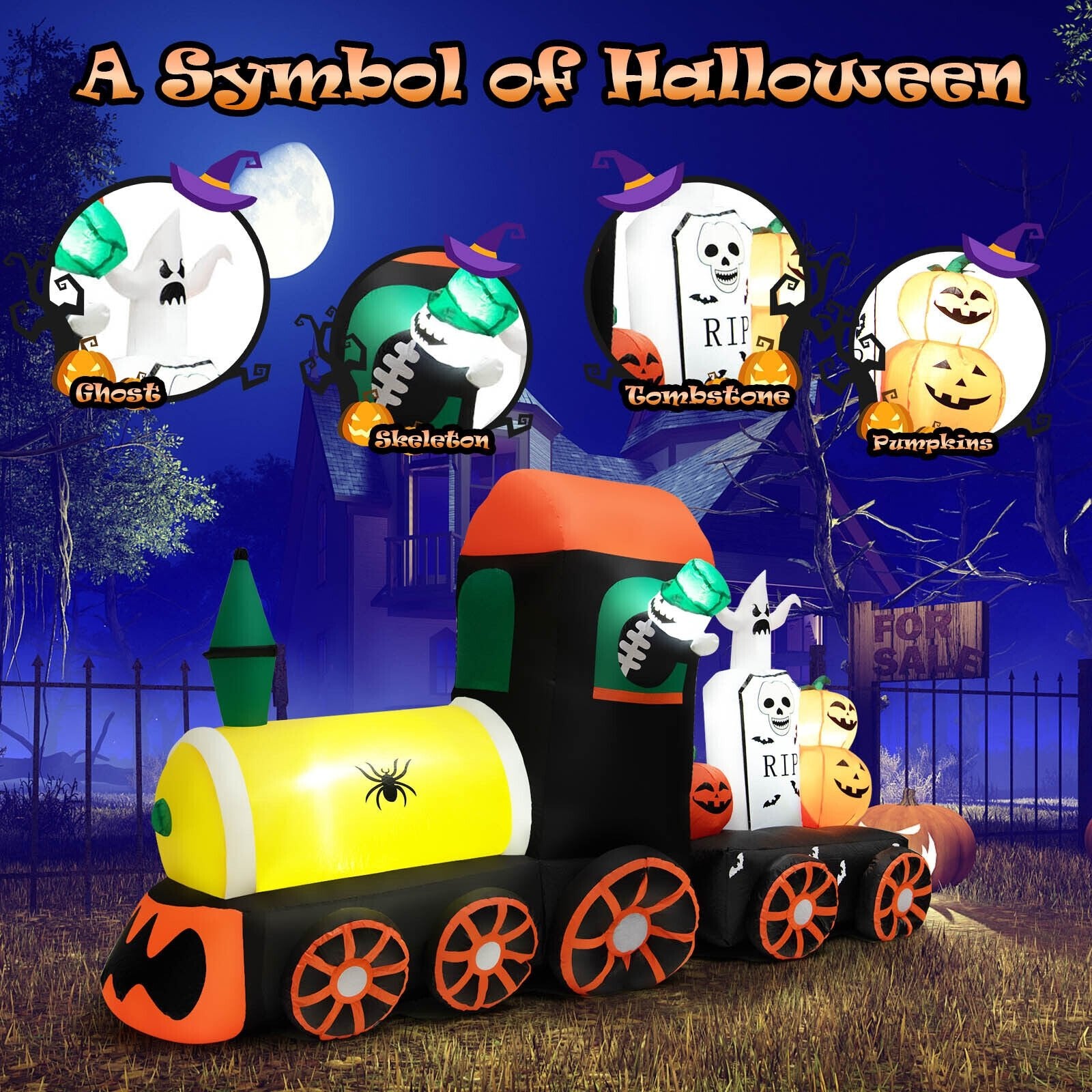 8 Feet Halloween Inflatable Skeleton Ride on Train with LED Lights, Multicolor - Gallery Canada