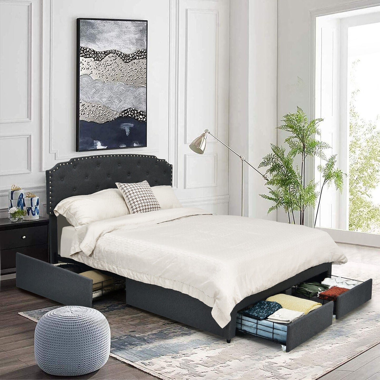 Queen Size Platform Bed Frame with Adjustable Headboard and 4 Storage Drawers, Gray Simple Bed Frame at Gallery Canada