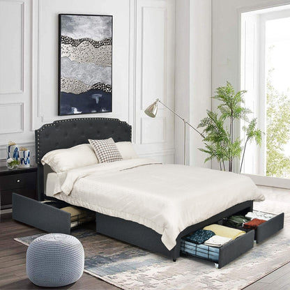 Queen Size Platform Bed Frame with Adjustable Headboard and 4 Storage Drawers, Gray Simple Bed Frame at Gallery Canada