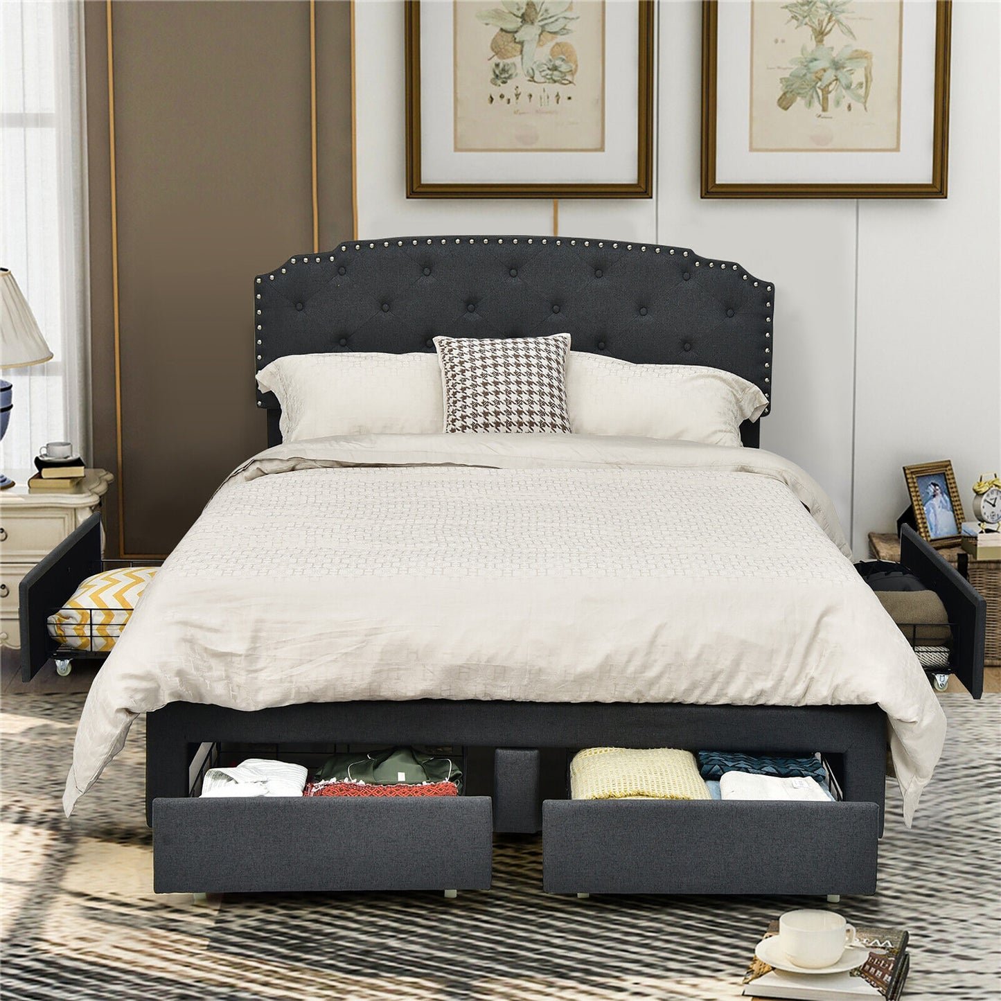 Queen Platform Bed Frame, Adjustable Headboard, 4 Storage Drawers, Gray Simple Bed Frame at Gallery Canada
