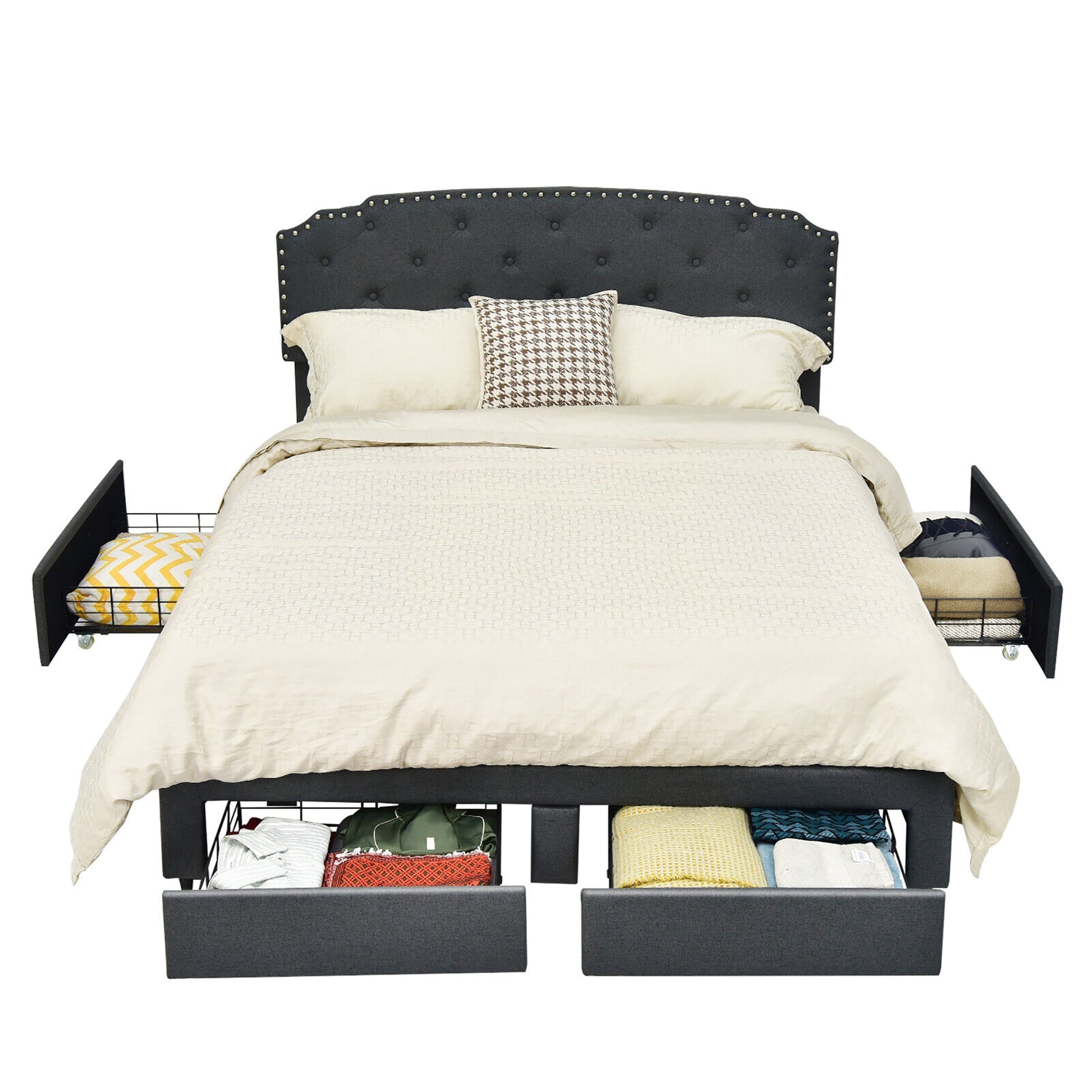 Queen Size Platform Bed Frame with Adjustable Headboard and 4 Storage Drawers, Gray Simple Bed Frame at Gallery Canada
