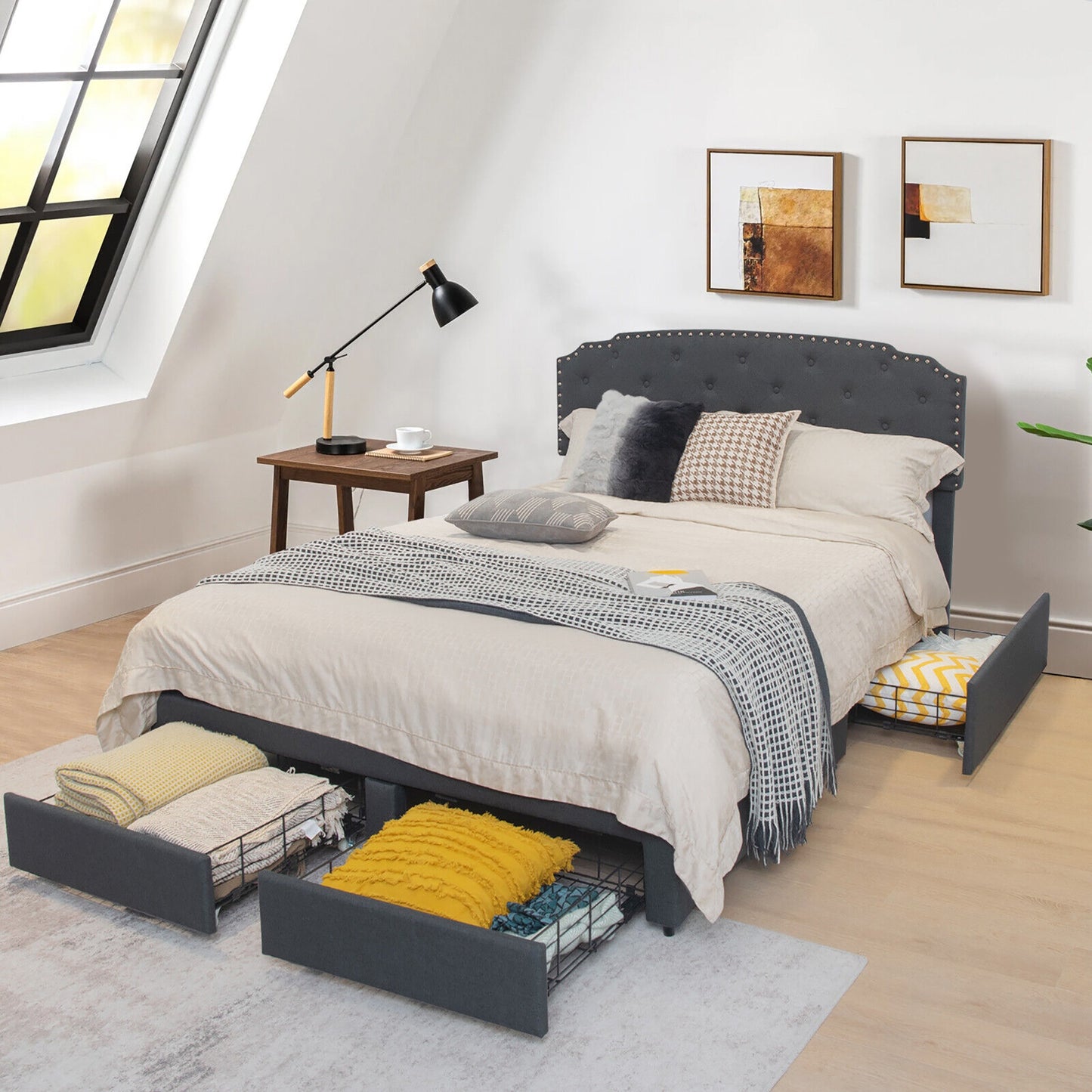 Platform Bed Frame with Adjustable Headboard and 4 Storage Drawers, Gray Simple Bed Frame at Gallery Canada