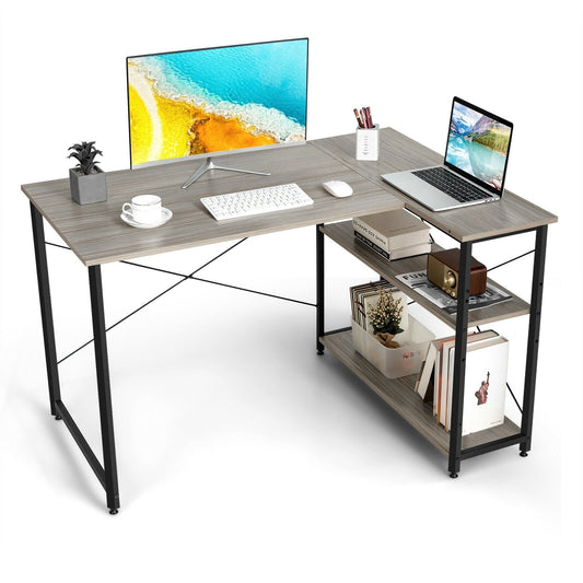 48 Inch Reversible L Shaped Computer Desk with Adjustable Shelf, Gray - Gallery Canada