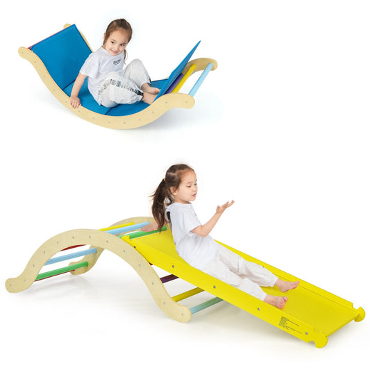 3-in-1 Kids Climber Set Wooden Arch Triangle Rocker with Ramp and Mat, Yellow at Gallery Canada