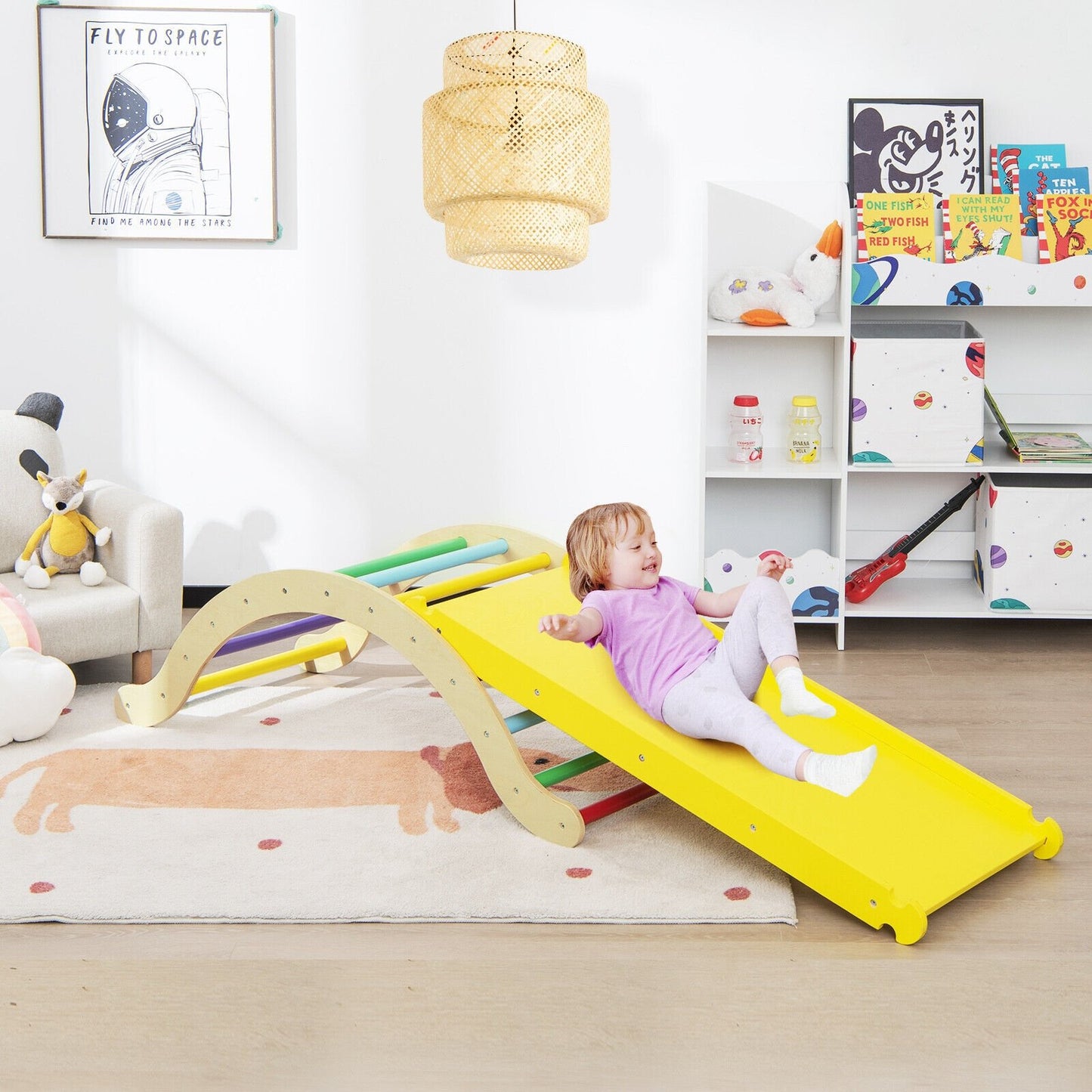3-in-1 Kids Climber Set Wooden Arch Triangle Rocker with Ramp and Mat, Yellow - Gallery Canada