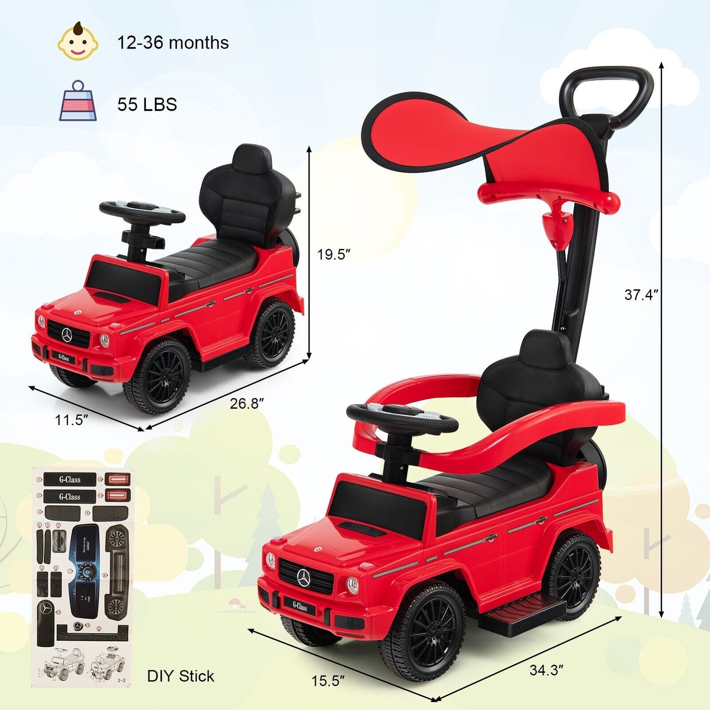 3-In-1 Ride on Push Car Mercedes Benz G350 Stroller Sliding Car with Canopy, Red - Gallery Canada