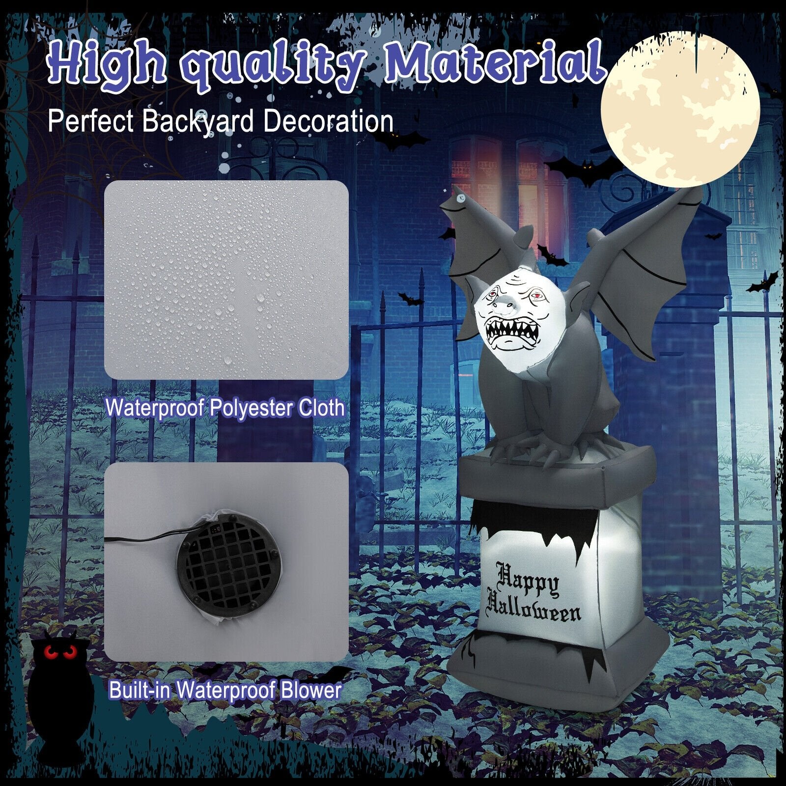 8.2 Feet Halloween Inflatable Gravestone with Gargoyle Yard Decoration and LED Lights, Black - Gallery Canada