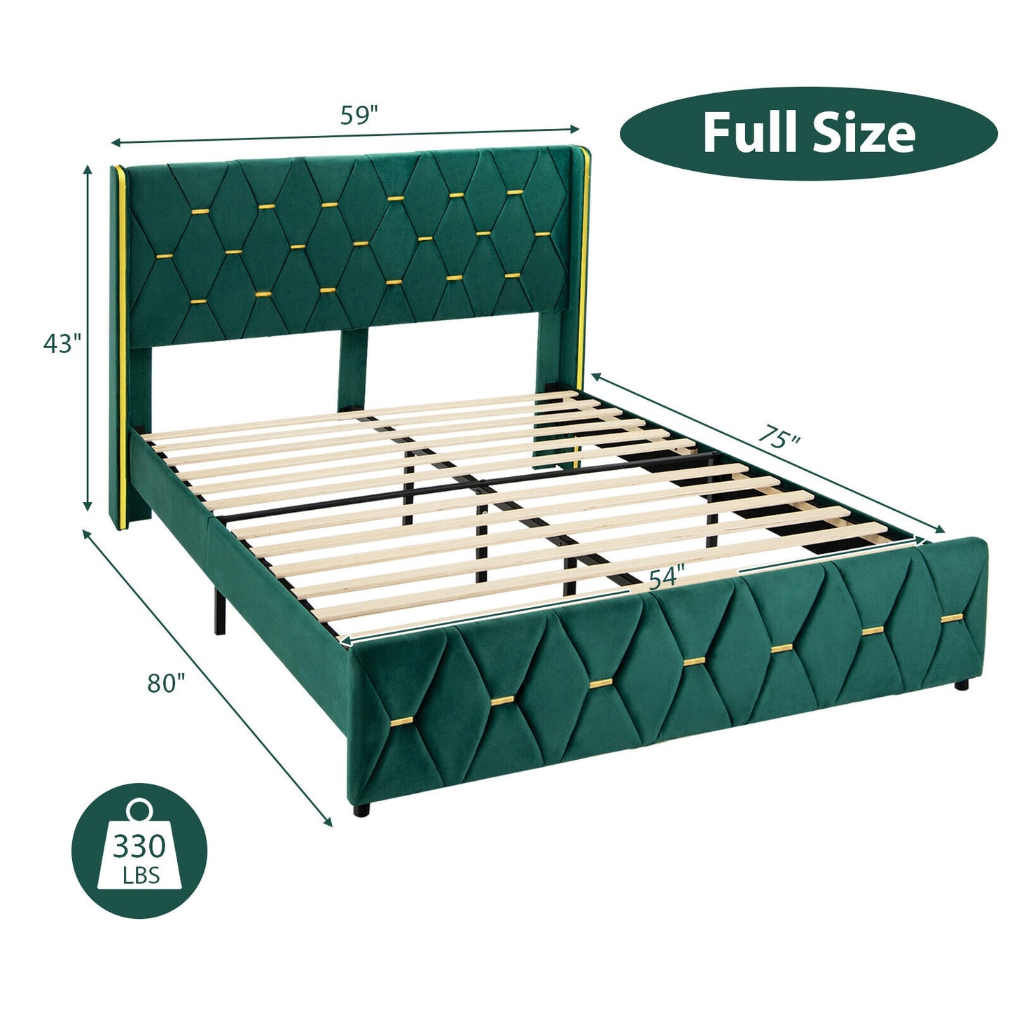 Queen/Full Size Upholstered Platform Bed Frame with Adjustable Headboard-Full Size, Green Simple Bed Frame at Gallery Canada