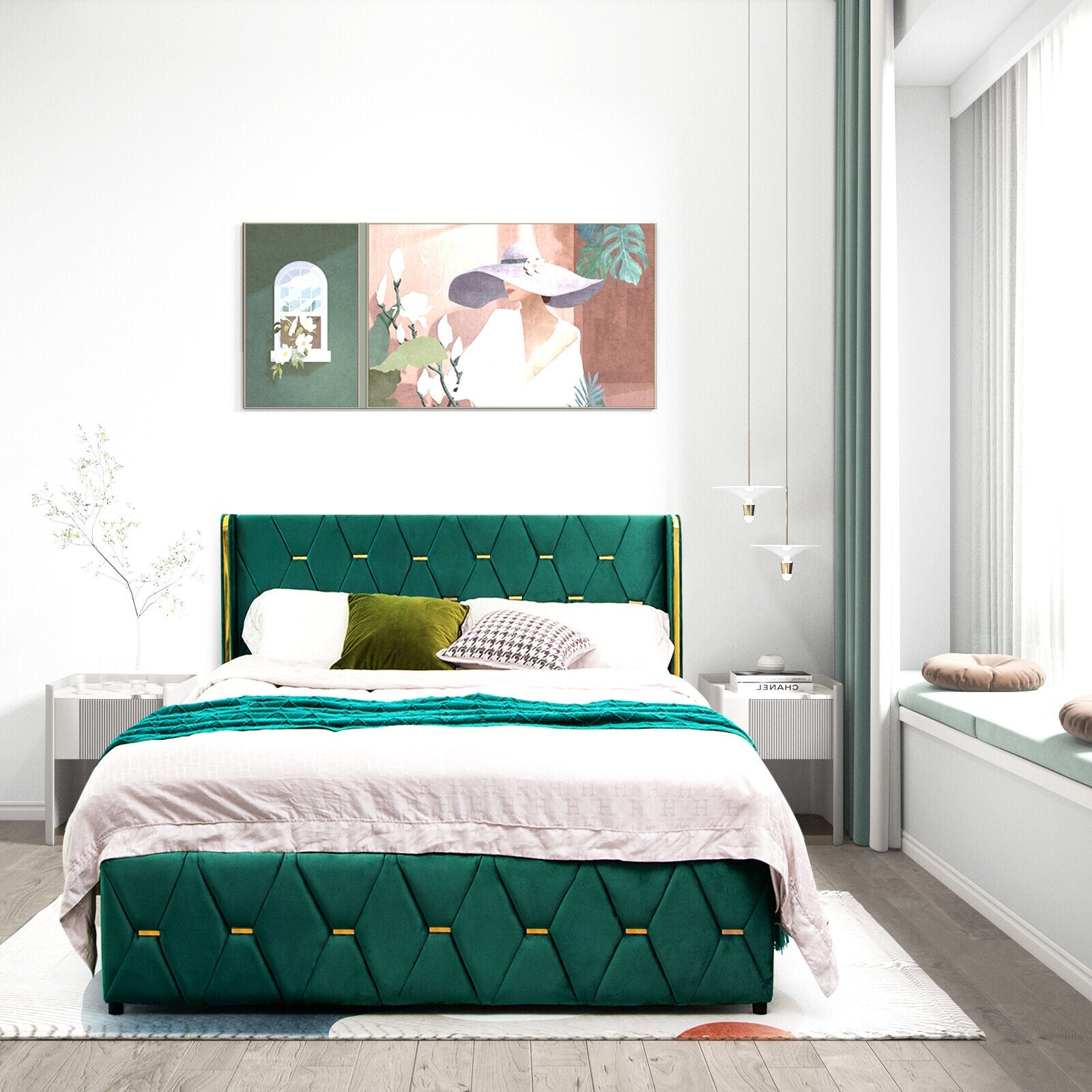 Queen/Full Size Upholstered Platform Bed Frame with Adjustable Headboard-Full Size, Green Simple Bed Frame at Gallery Canada
