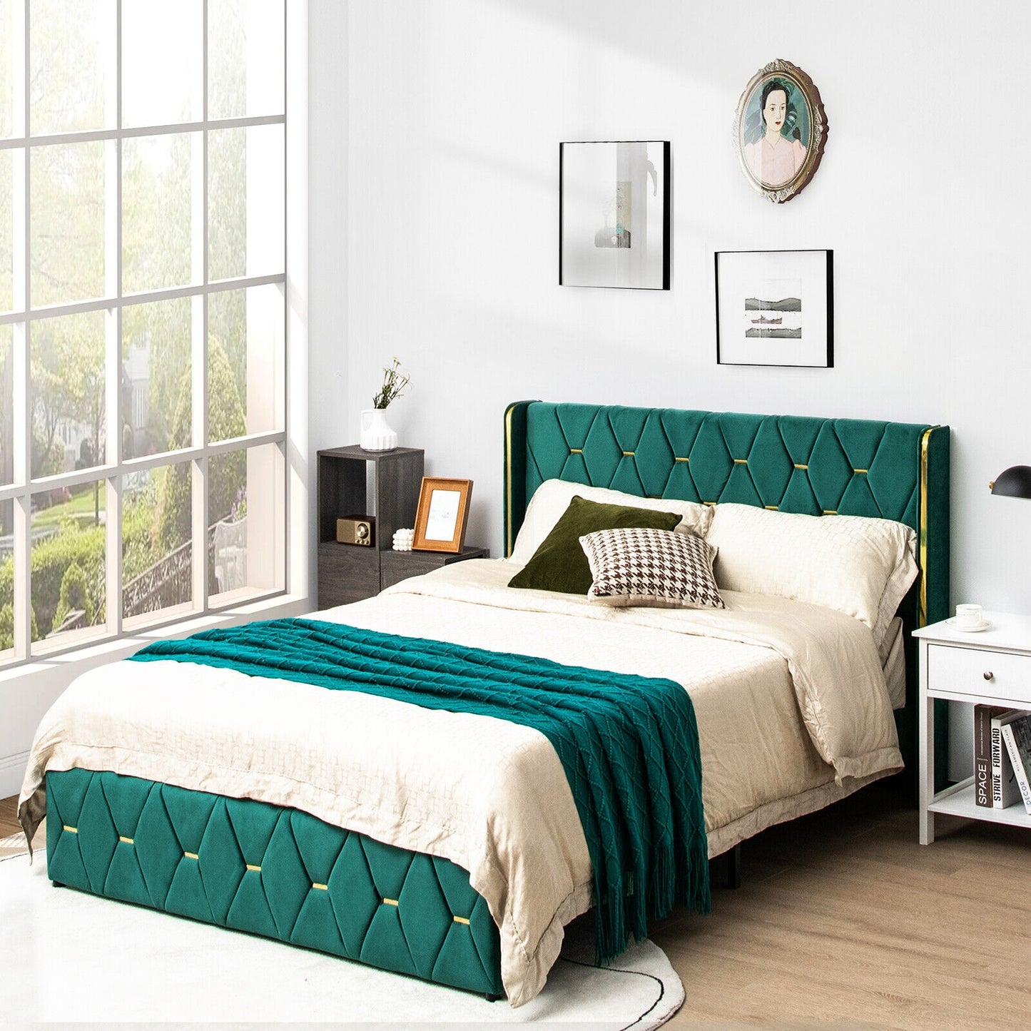 Queen/Full Size Upholstered Platform Bed Frame with Adjustable Headboard-Full Size, Green Simple Bed Frame at Gallery Canada