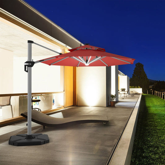 10 Feet 360° Rotation Aluminum Solar LED Patio Cantilever Umbrella without Weight Base, Dark Red - Gallery Canada