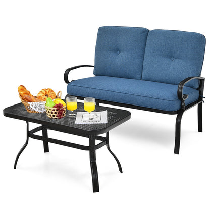 2 Pieces Patio Loveseat Bench Table Furniture Set with Cushioned Chair, Blue Patio Conversation Sets at Gallery Canada