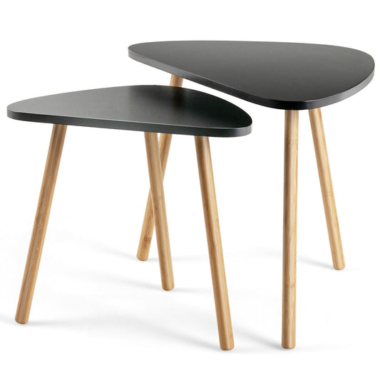 Set of 2 Modern Nesting Coffee Tables Triangular Tabletop Bamboo Legs, Black - Gallery Canada
