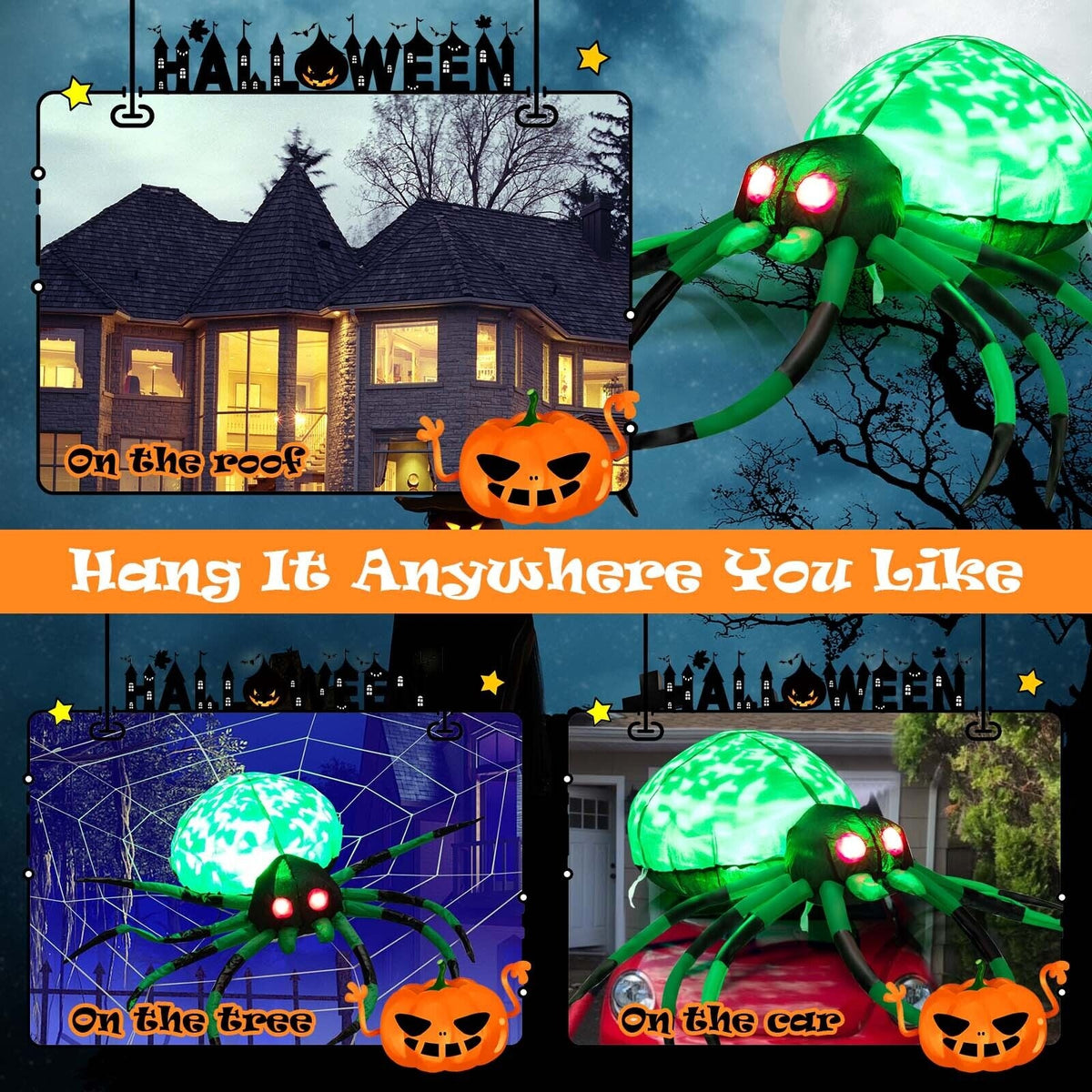 5 Feet Halloween Inflatable Spider With Cobweb, LEDs, Green Halloween at Gallery Canada