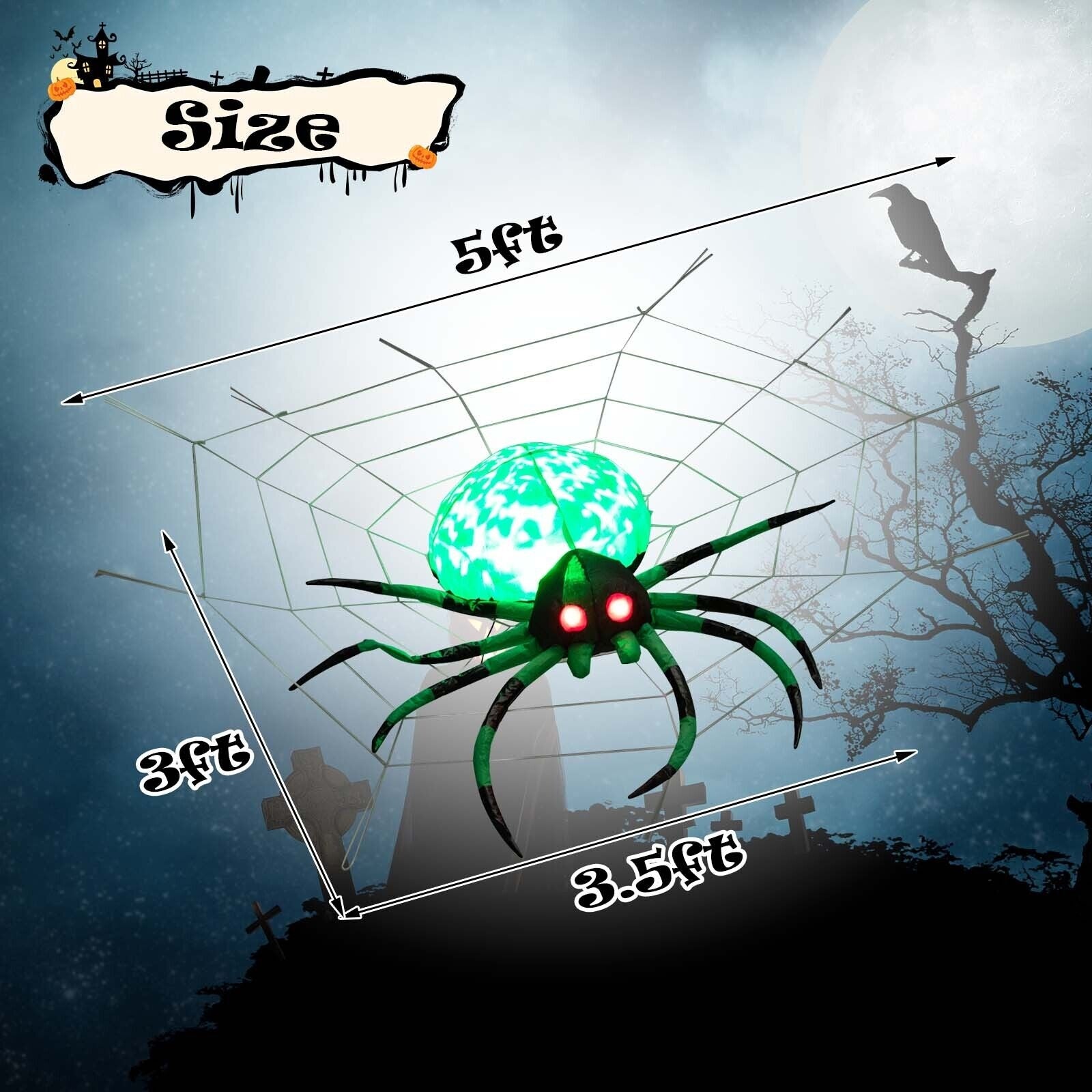 5 Feet Halloween Inflatable Spider With Cobweb, LEDs, Green Halloween at Gallery Canada