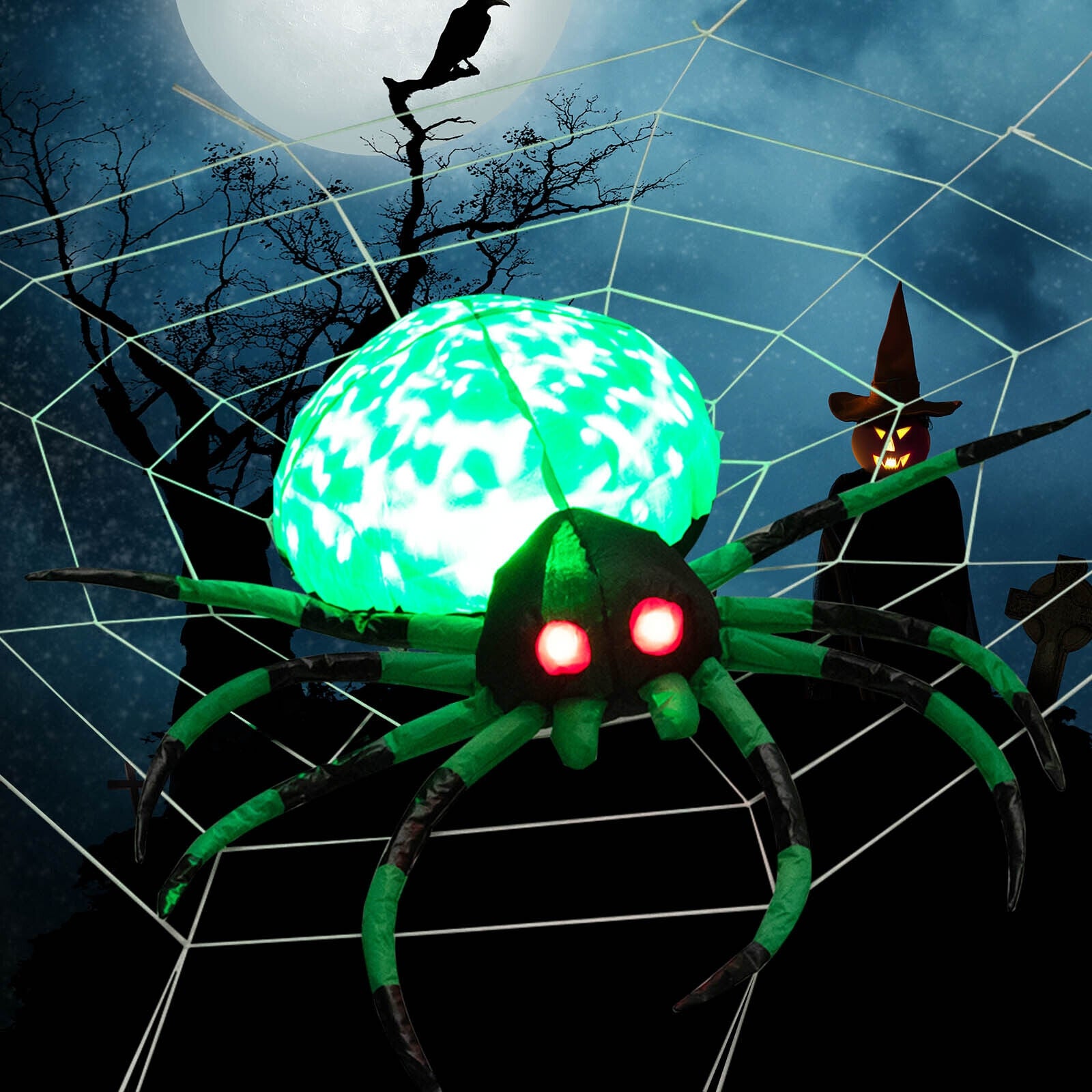 5 Feet Halloween Inflatable Spider With Cobweb, LEDs, Green Halloween at Gallery Canada