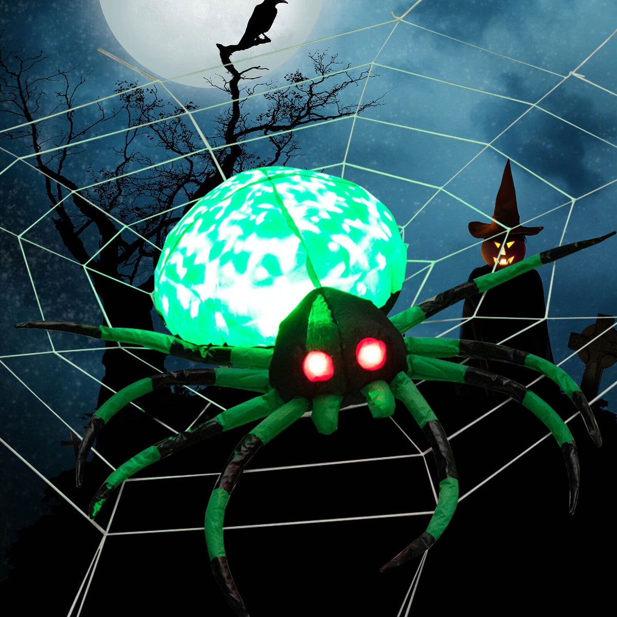 5 Feet Halloween Inflatable Spider With Cobweb, LEDs, Green Halloween at Gallery Canada