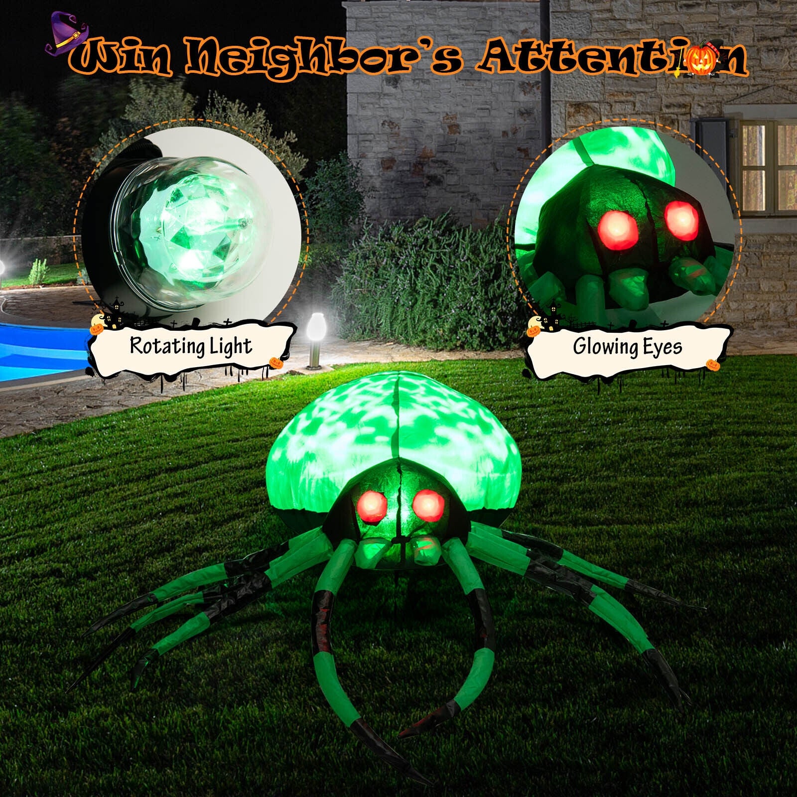 5 Feet Halloween Inflatable Spider With Cobweb, LEDs, Green Halloween at Gallery Canada