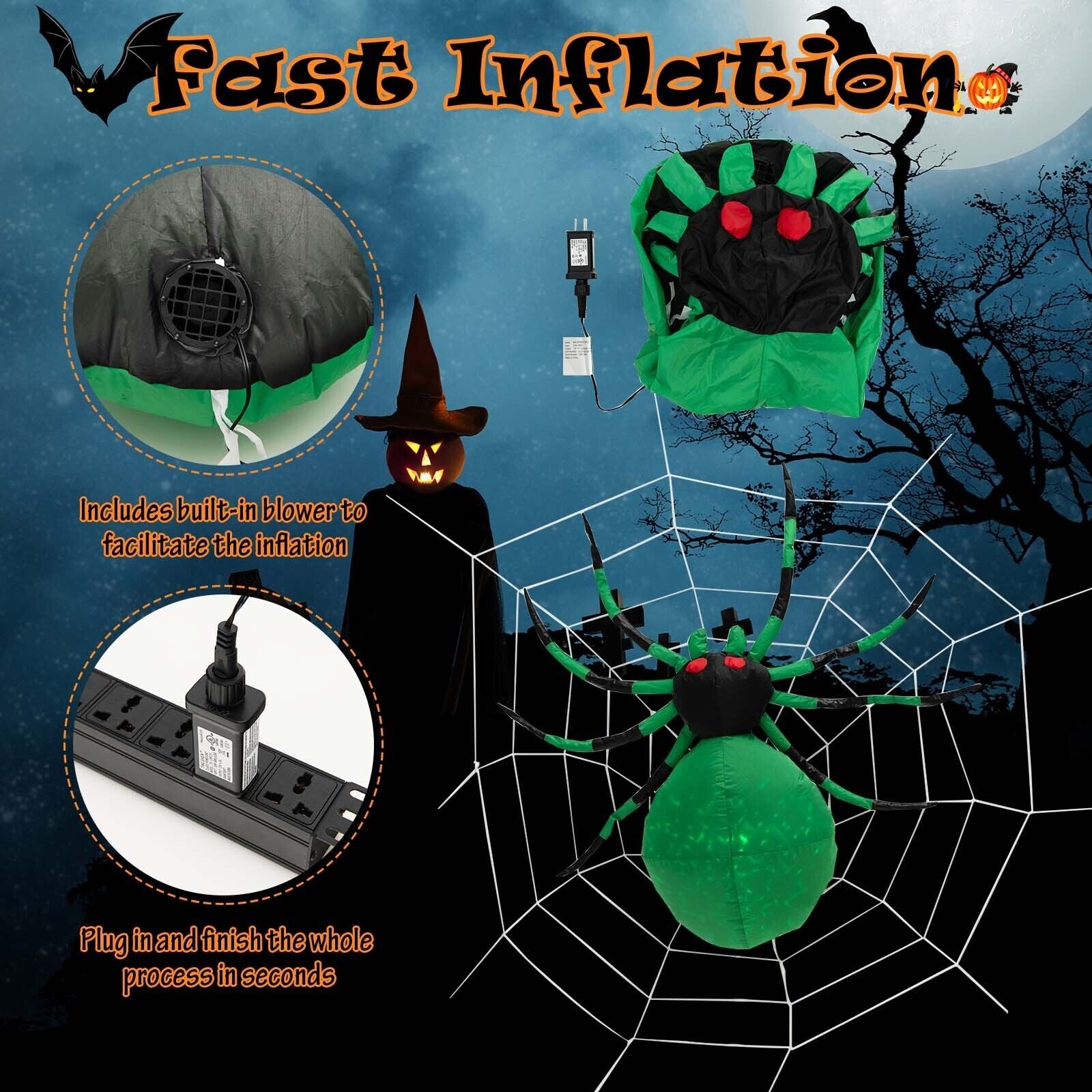 5 Feet Halloween Inflatable Spider With Cobweb, LEDs, Green Halloween at Gallery Canada