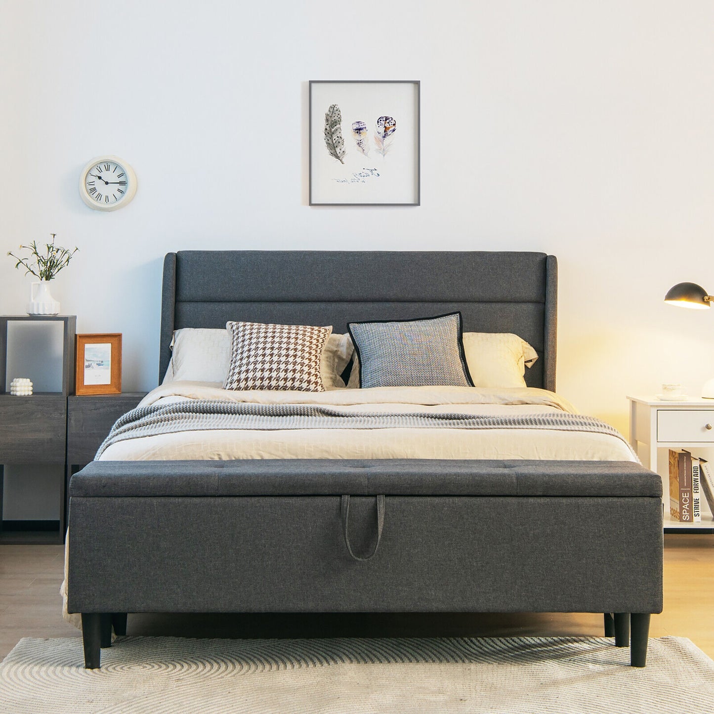 Full/Queen Upholstered Platform Bed Frame, Storage Ottoman, Gray Simple Bed Frame at Gallery Canada