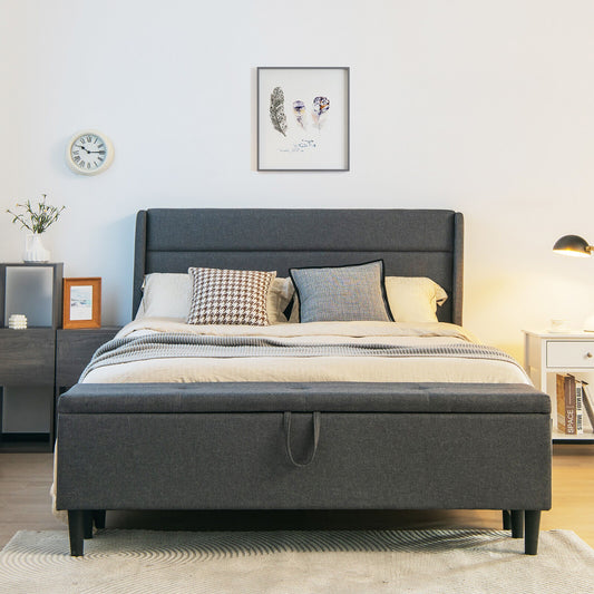 Full/Queen Upholstered Platform Bed Frame, Storage Ottoman, Gray Simple Bed Frame Gray at Gallery Canada