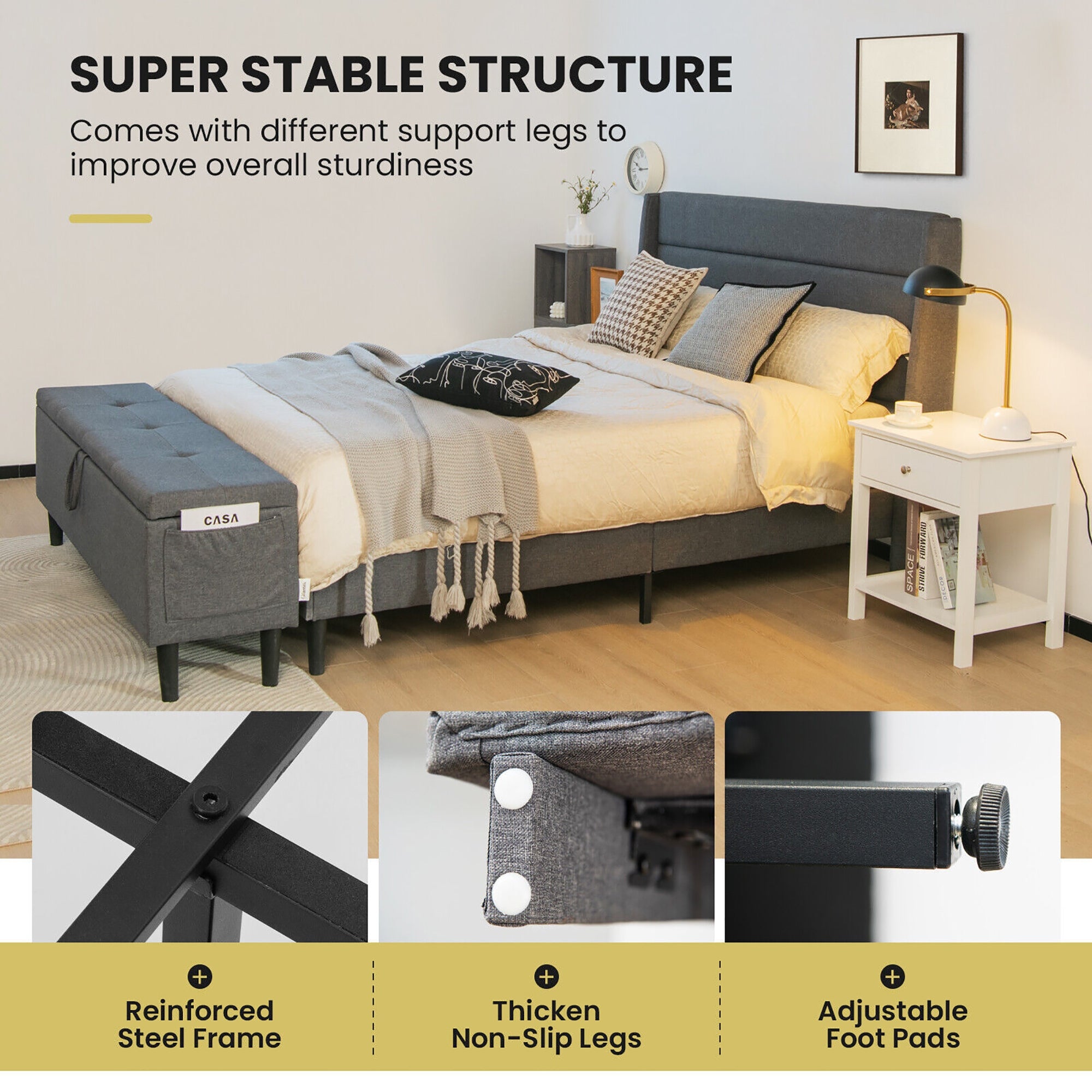 Full/Queen Upholstered Platform Bed Frame, Storage Ottoman, Gray Simple Bed Frame at Gallery Canada