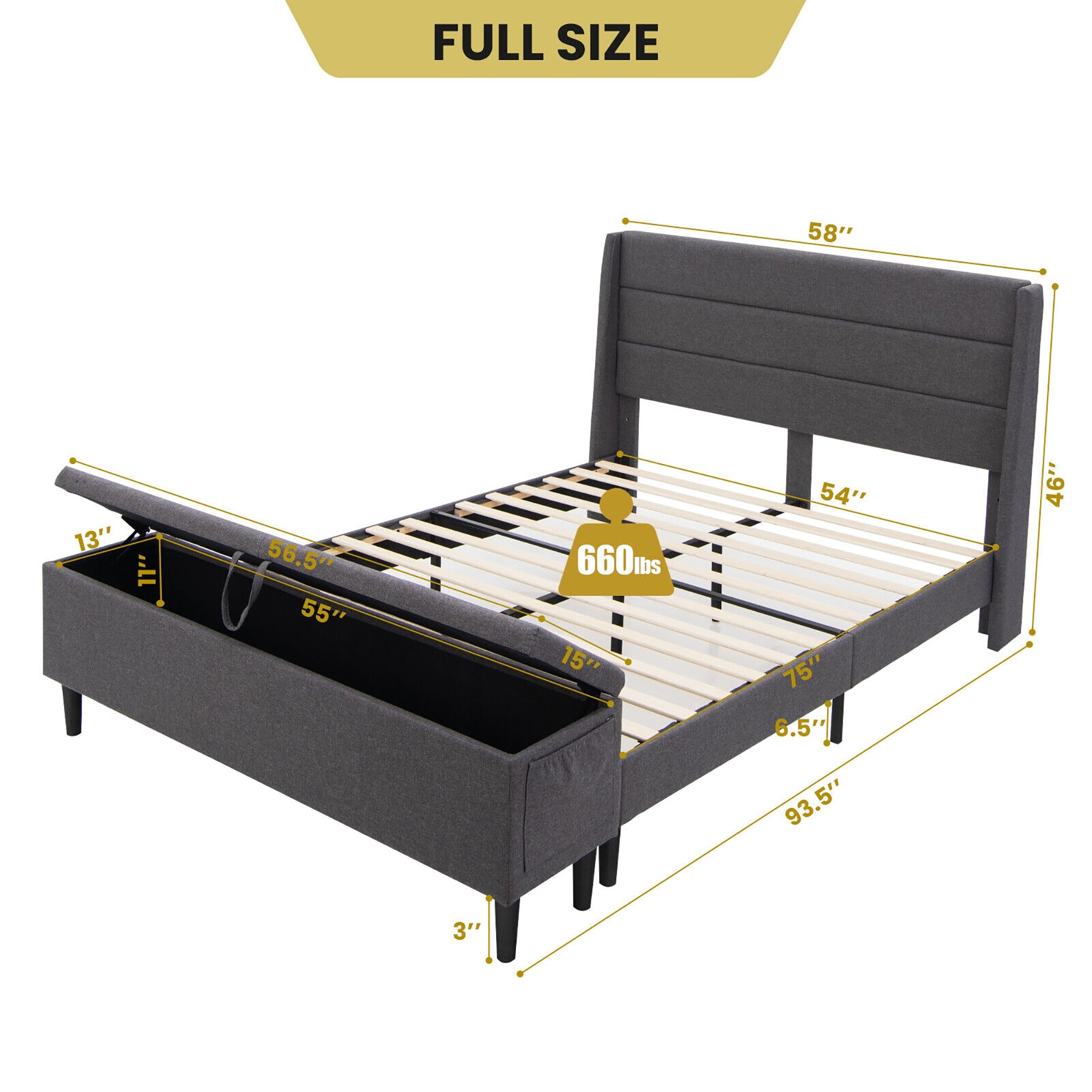 Full/Queen Upholstered Platform Bed Frame, Storage Ottoman, Gray Simple Bed Frame at Gallery Canada