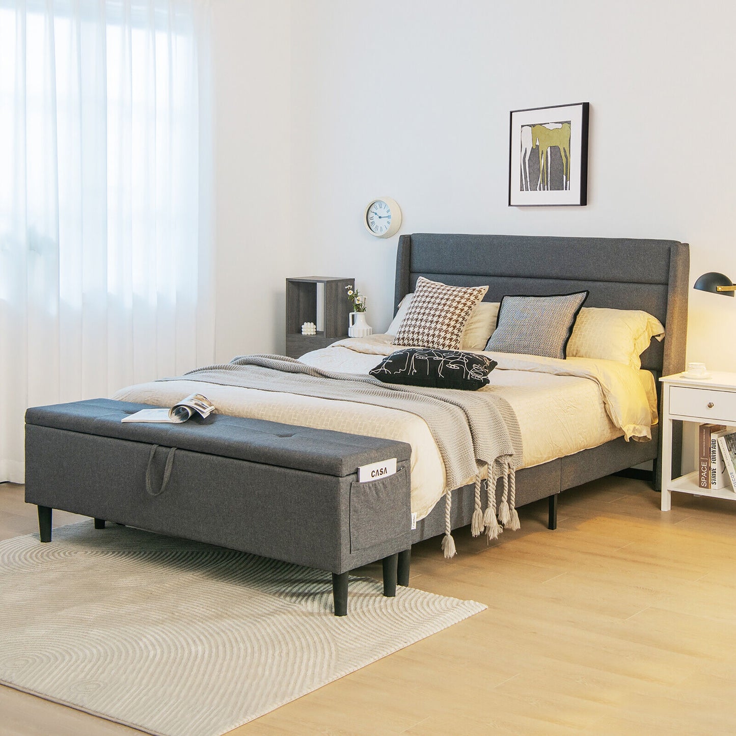 Full/Queen Upholstered Platform Bed Frame, Storage Ottoman, Gray Simple Bed Frame at Gallery Canada