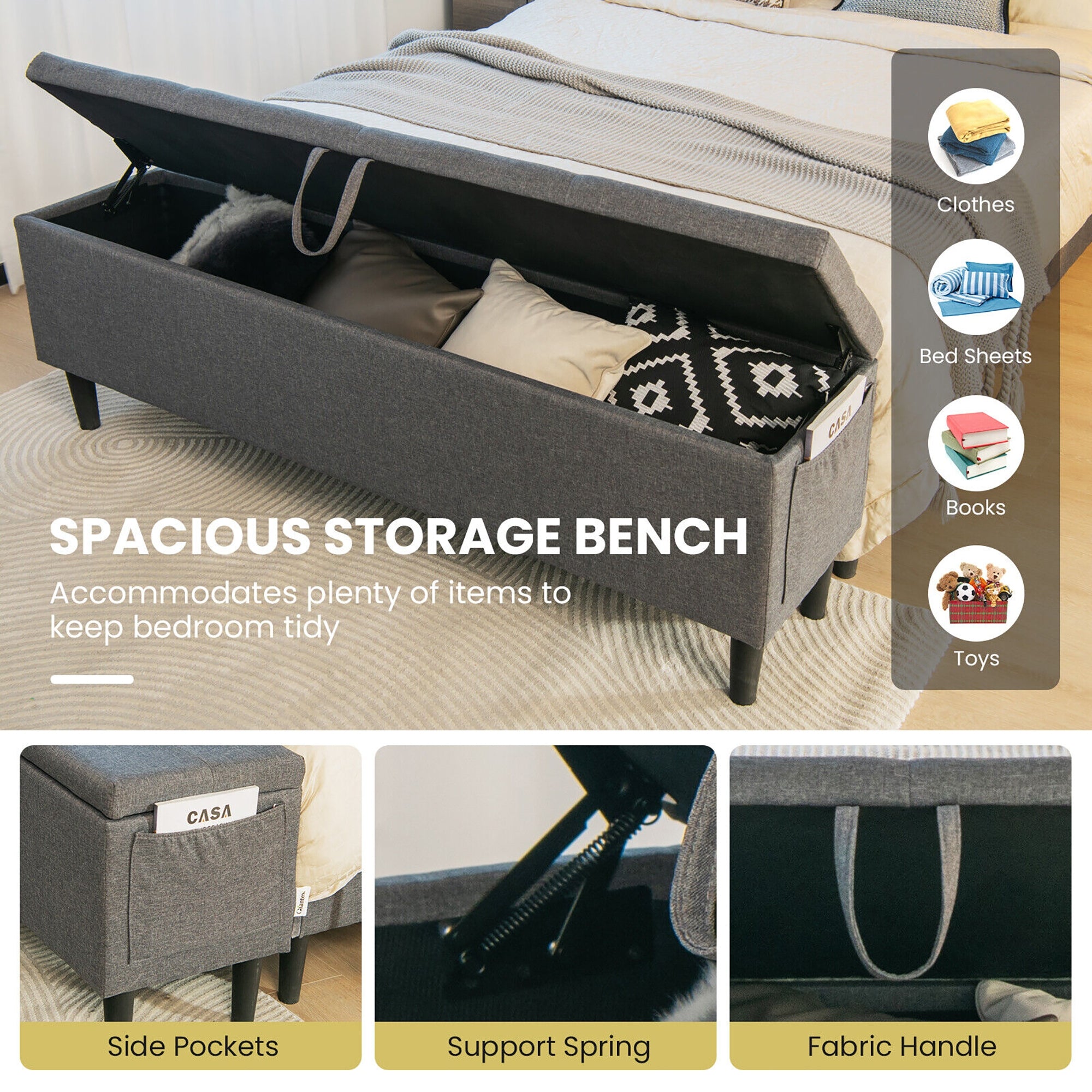 Full/Queen Upholstered Platform Bed Frame, Storage Ottoman, Gray Simple Bed Frame at Gallery Canada