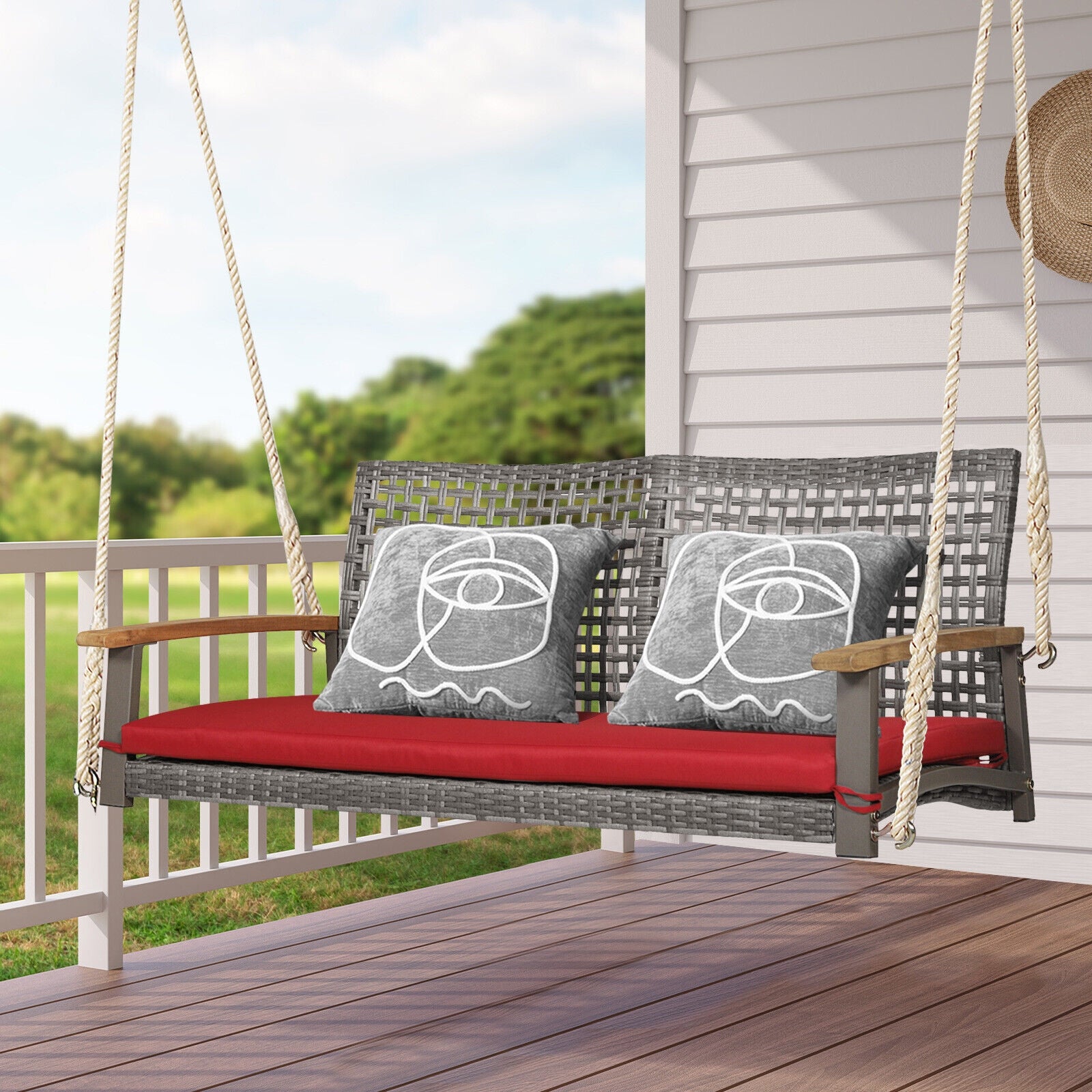 2-Person Patio Wicker Hanging Swing Chair, Red Porch Swings at Gallery Canada