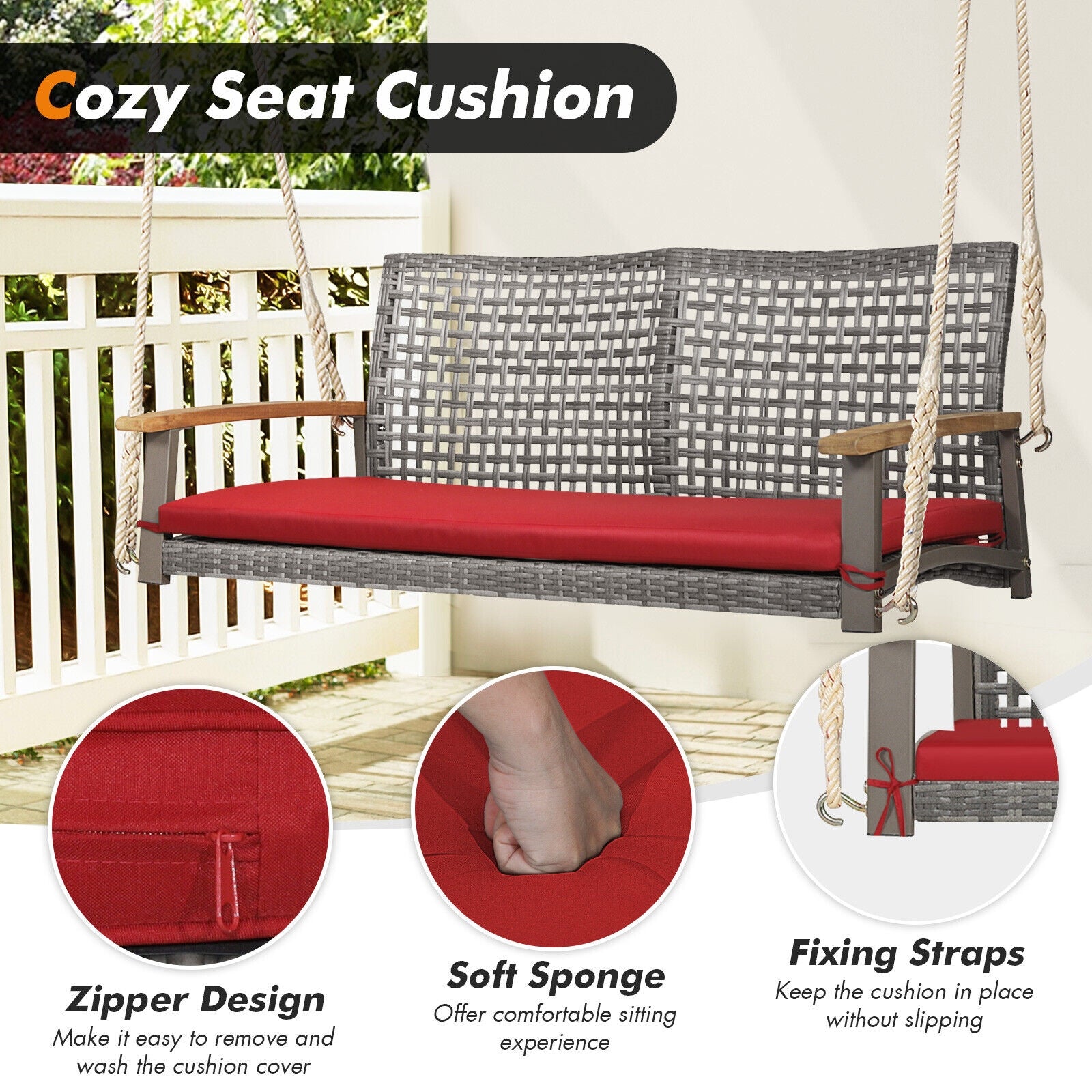2-Person Patio Wicker Hanging Swing Chair, Red Porch Swings at Gallery Canada