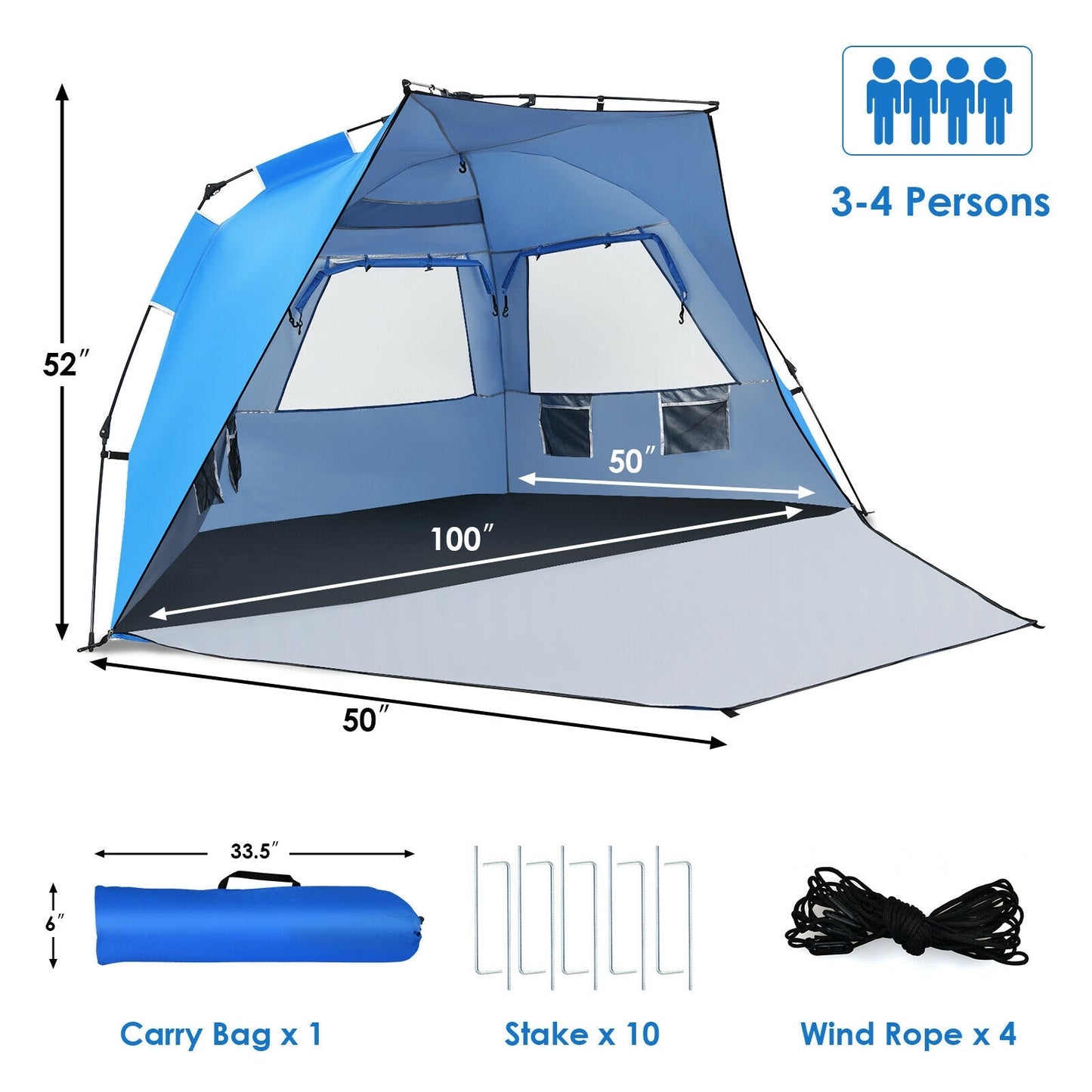 Easy Pop Up Beach Tent UPF 50+ Portable Sun Shelter-Blue for 3-4 Person, Blue Tents at Gallery Canada