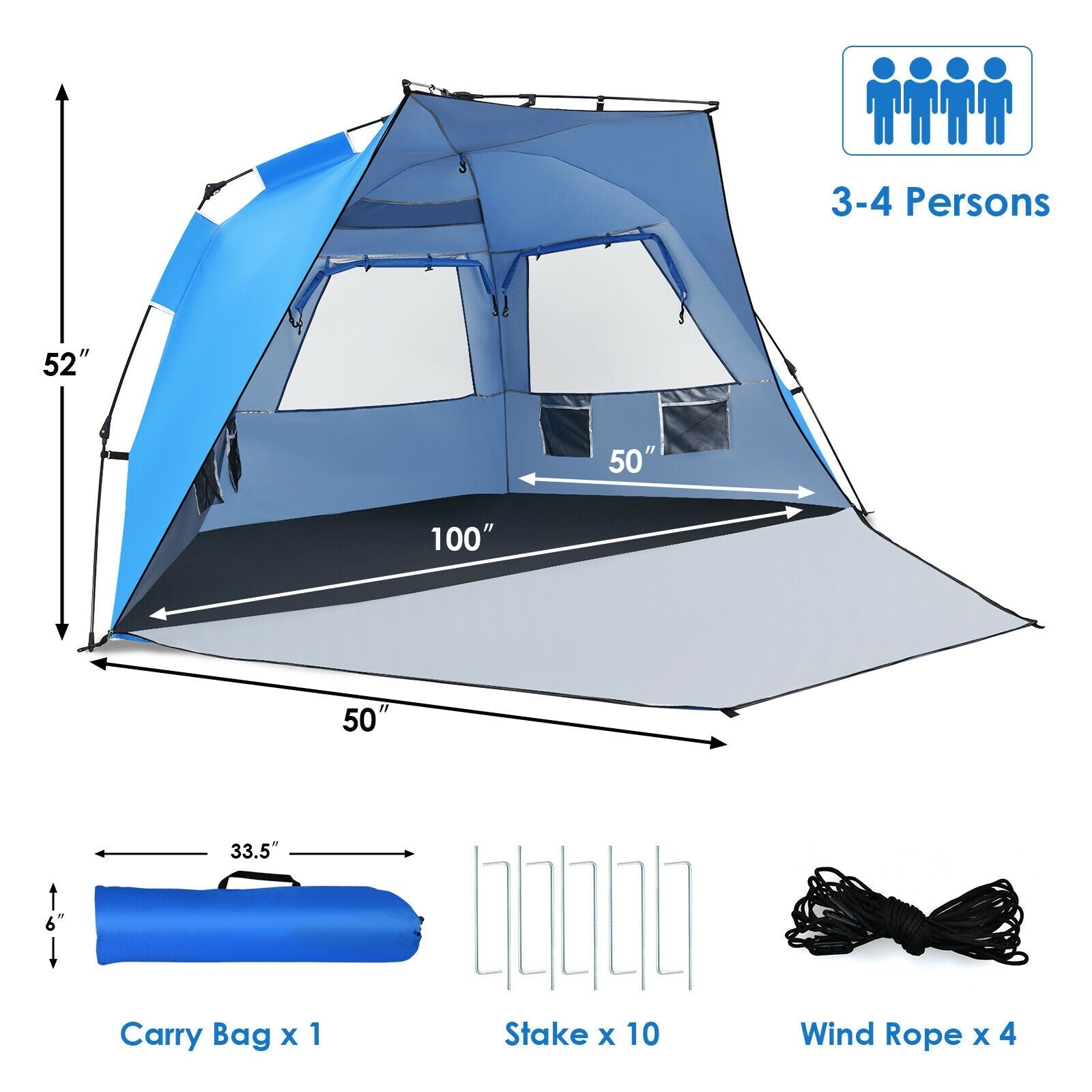 Easy Pop Up Beach Tent UPF 50+ Portable Sun Shelter-Blue for 3-4 Person, Blue Tents at Gallery Canada