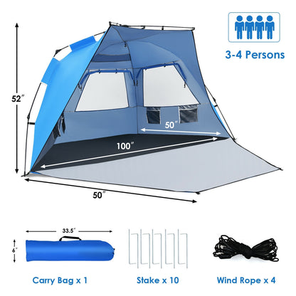 Easy Pop Up Beach Tent UPF 50+ Portable Sun Shelter-Blue for 3-4 Person, Blue Tents at Gallery Canada
